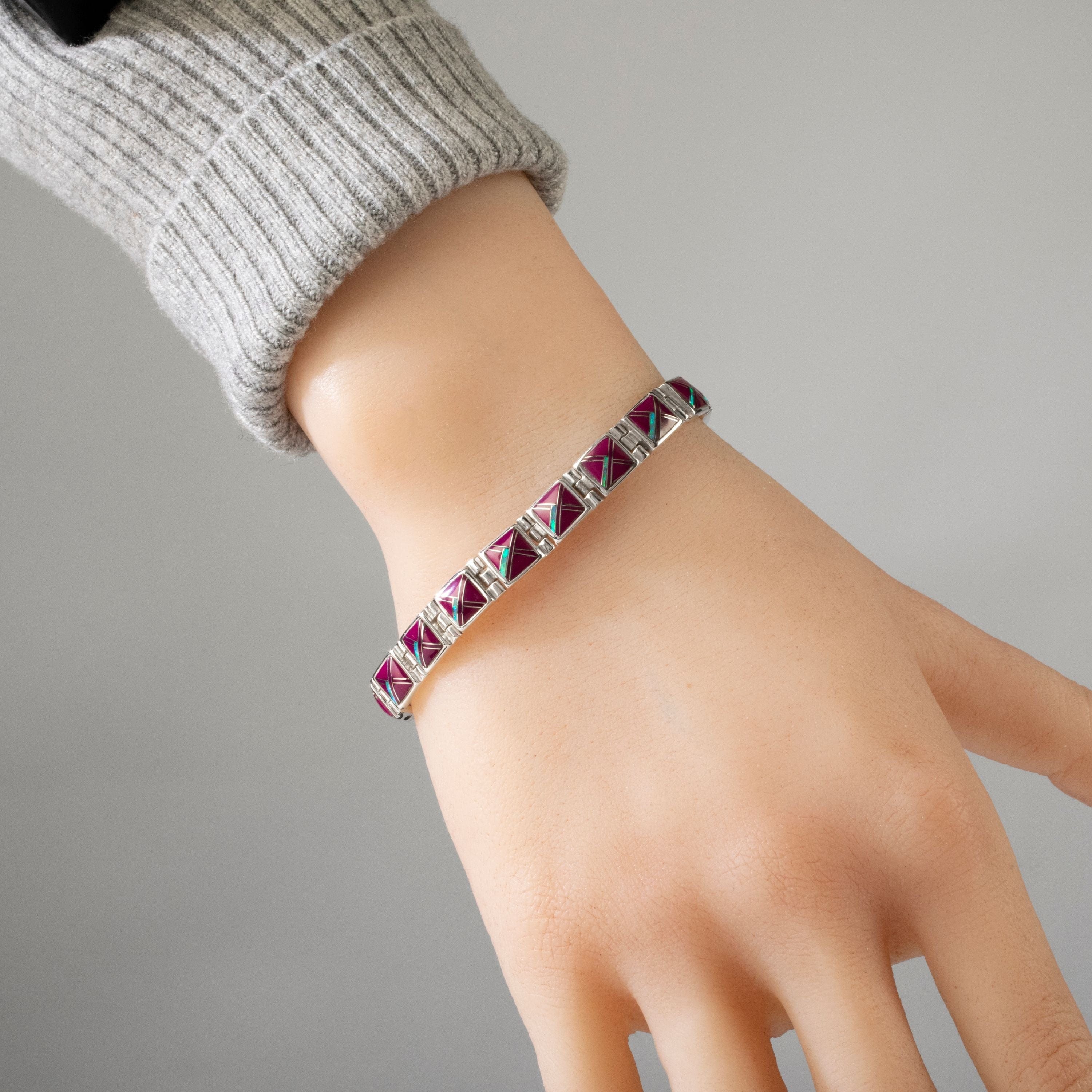 Kalifano Southwest Silver Jewelry Sugilite Square 925 Sterling Silver Bracelet USA Handmade with Opal Accent NMB.0245.SG