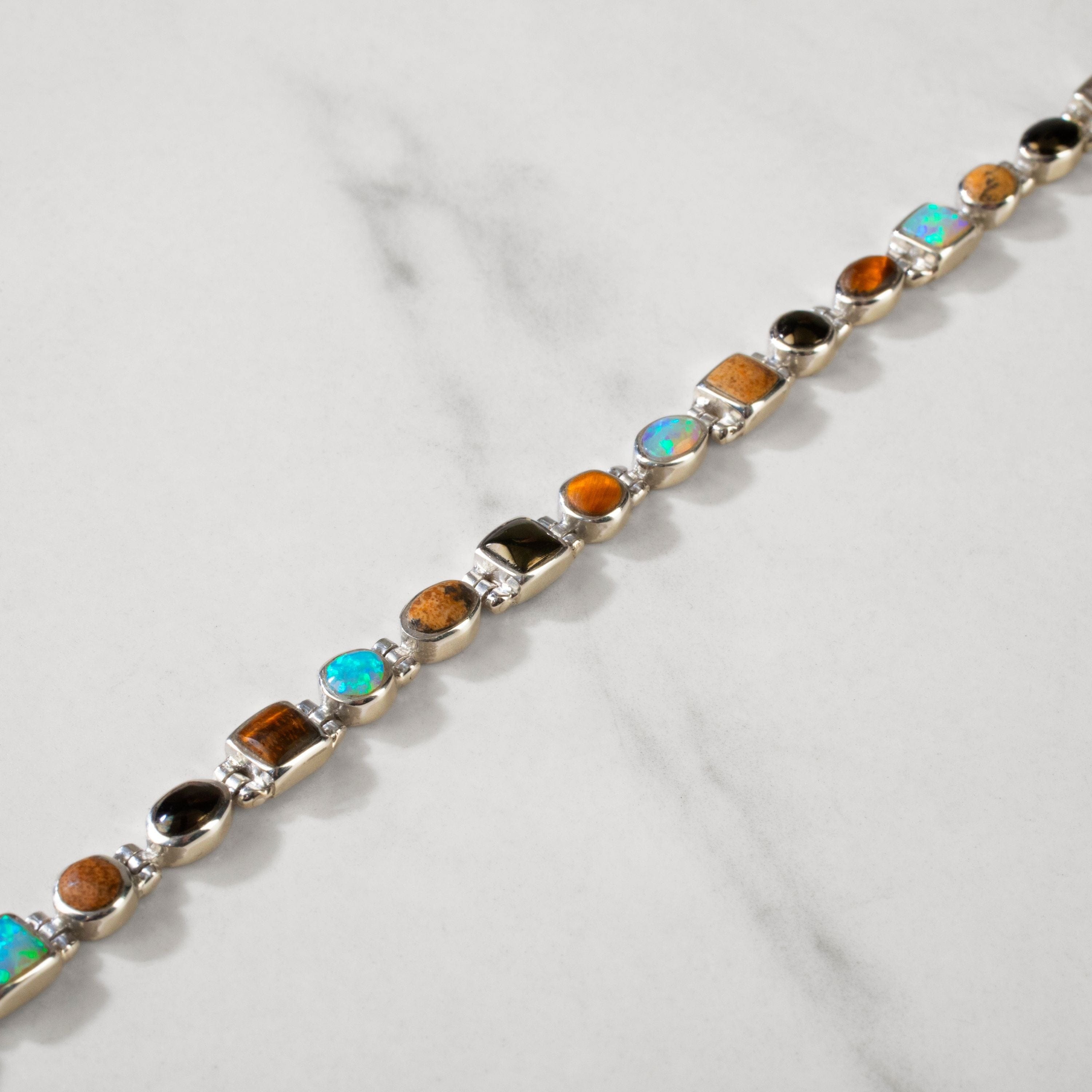 Kalifano Southwest Silver Jewelry Tiger Eye 925 Sterling Silver Bracelet USA Handmade with Opal Accent NMB.0548.TE