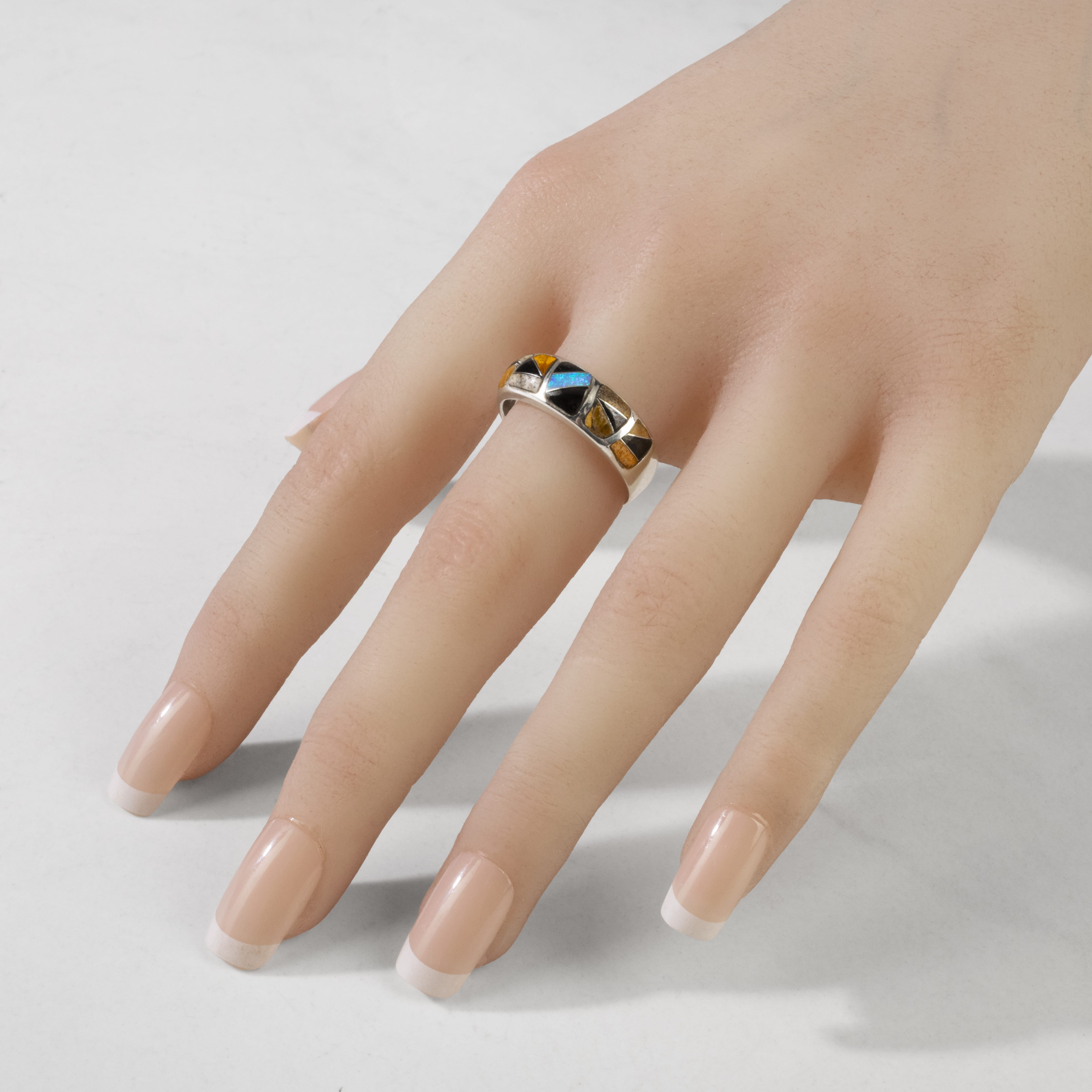 Kalifano Southwest Silver Jewelry Tiger Eye 925 Sterling Silver Ring Handmade with Laboratory Opal Accent