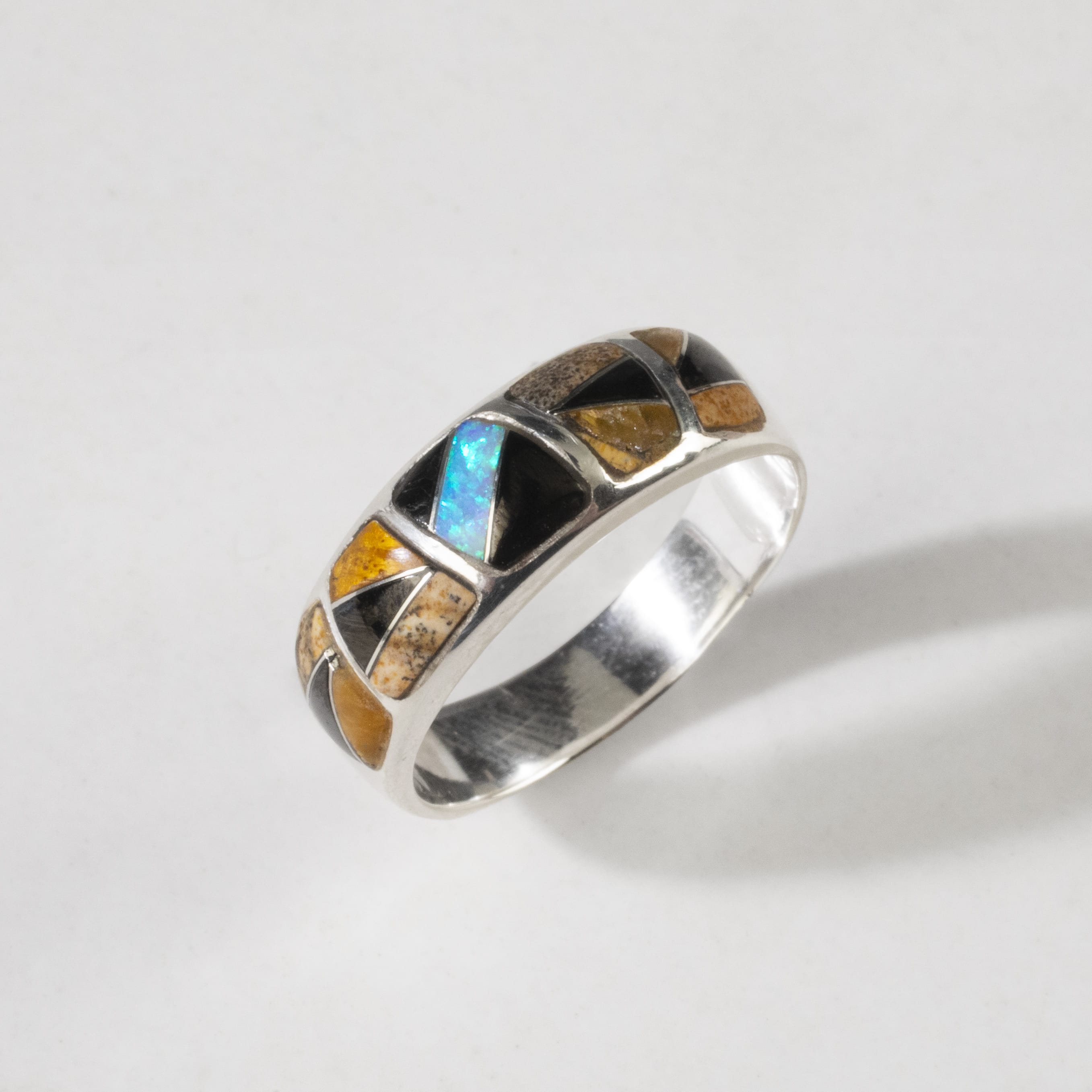 Kalifano Southwest Silver Jewelry Tiger Eye 925 Sterling Silver Ring Handmade with Laboratory Opal Accent