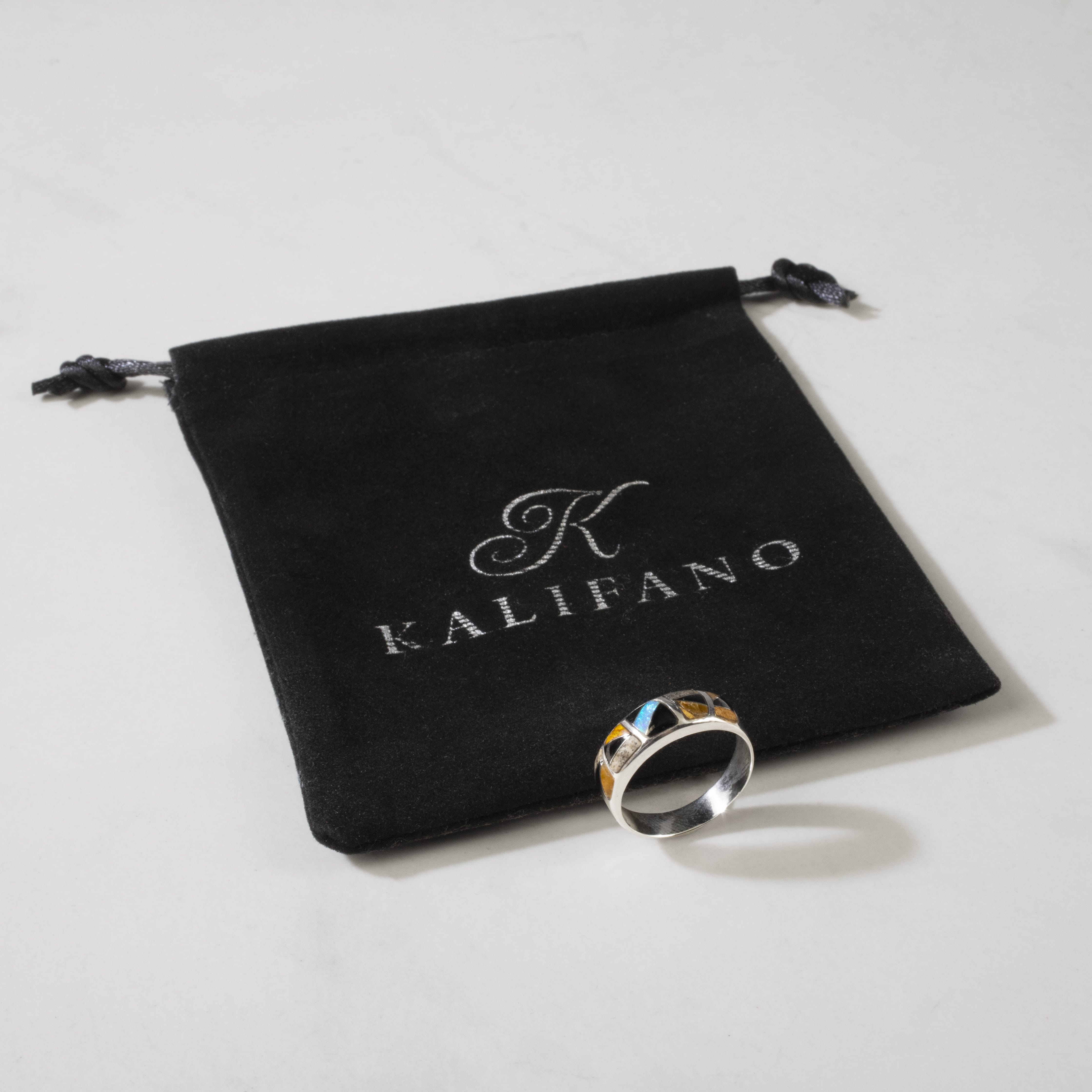 Kalifano Southwest Silver Jewelry Tiger Eye 925 Sterling Silver Ring Handmade with Laboratory Opal Accent