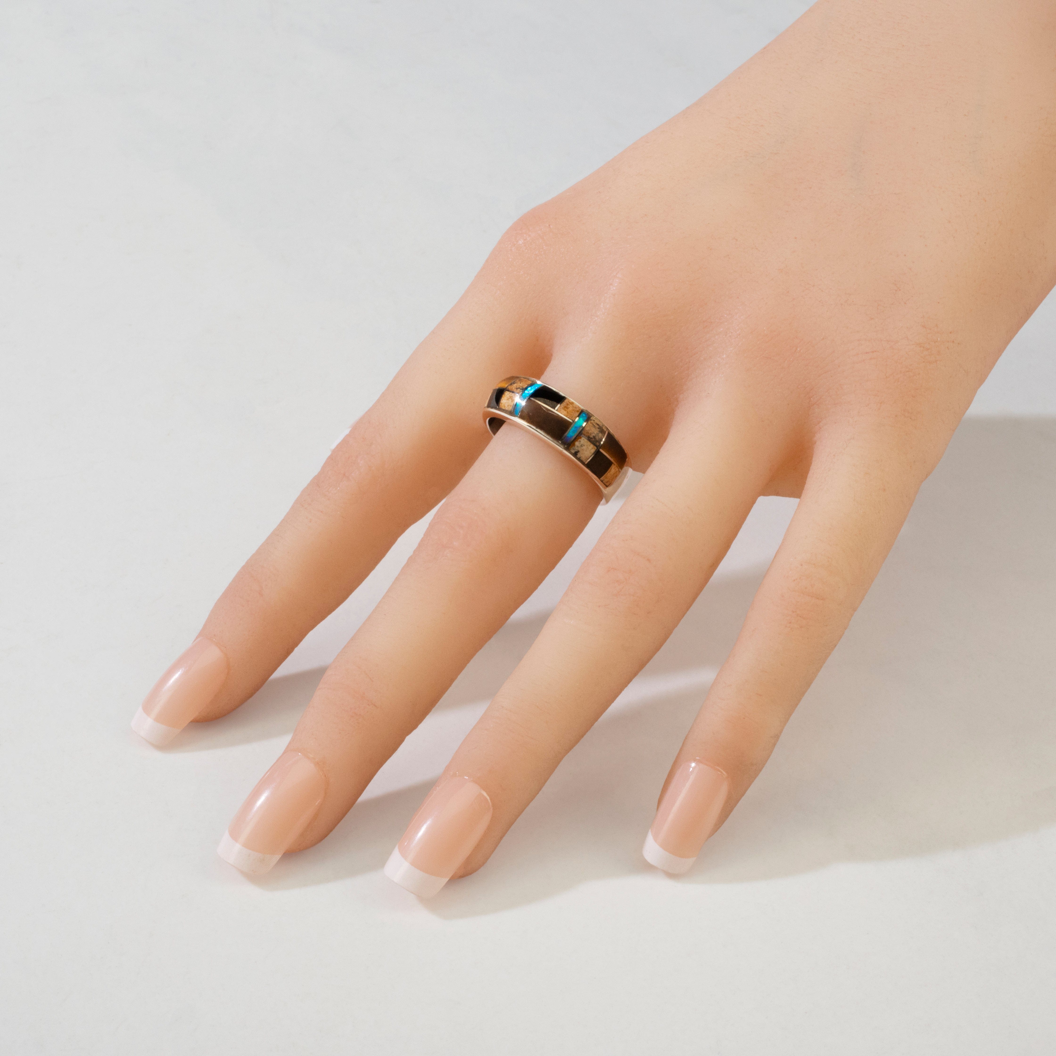 Kalifano Southwest Silver Jewelry Tiger Eye 925 Sterling Silver Ring USA Handmade with Laboratory Opal Accent