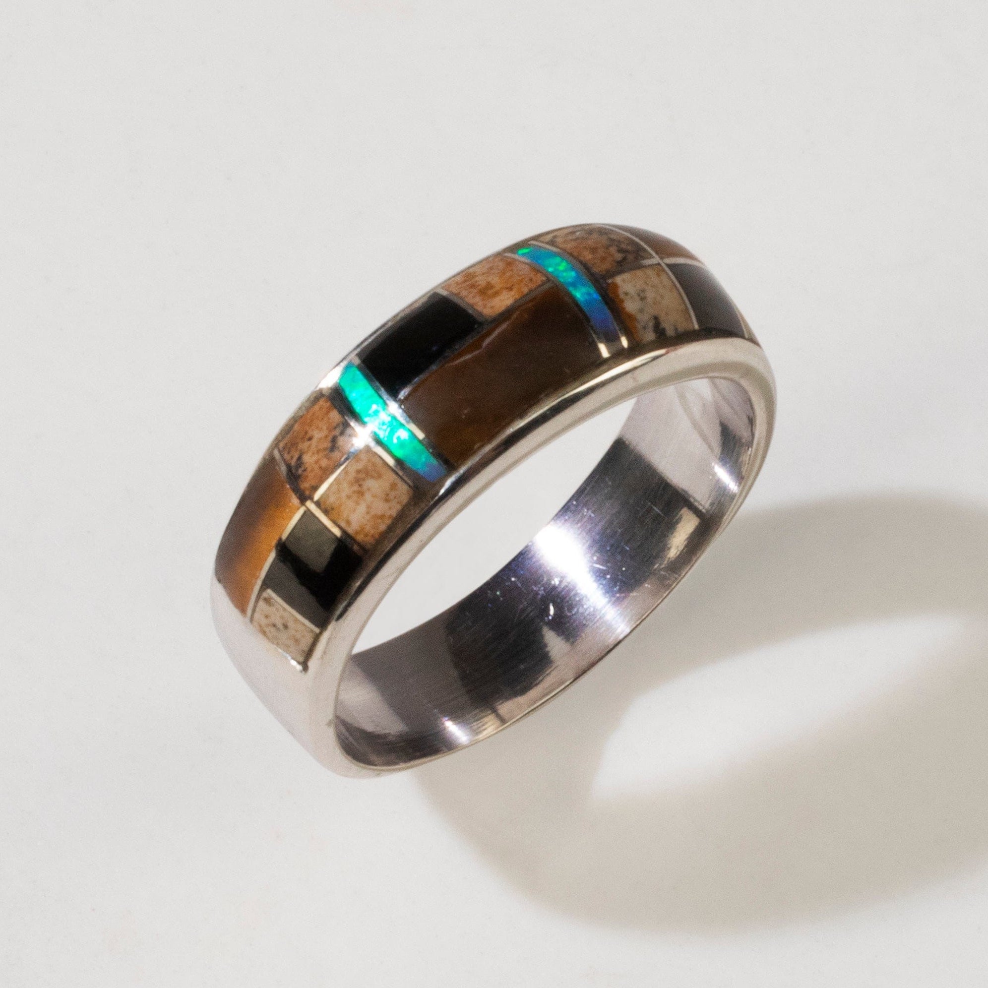 Kalifano Southwest Silver Jewelry Tiger Eye 925 Sterling Silver Ring USA Handmade with Laboratory Opal Accent