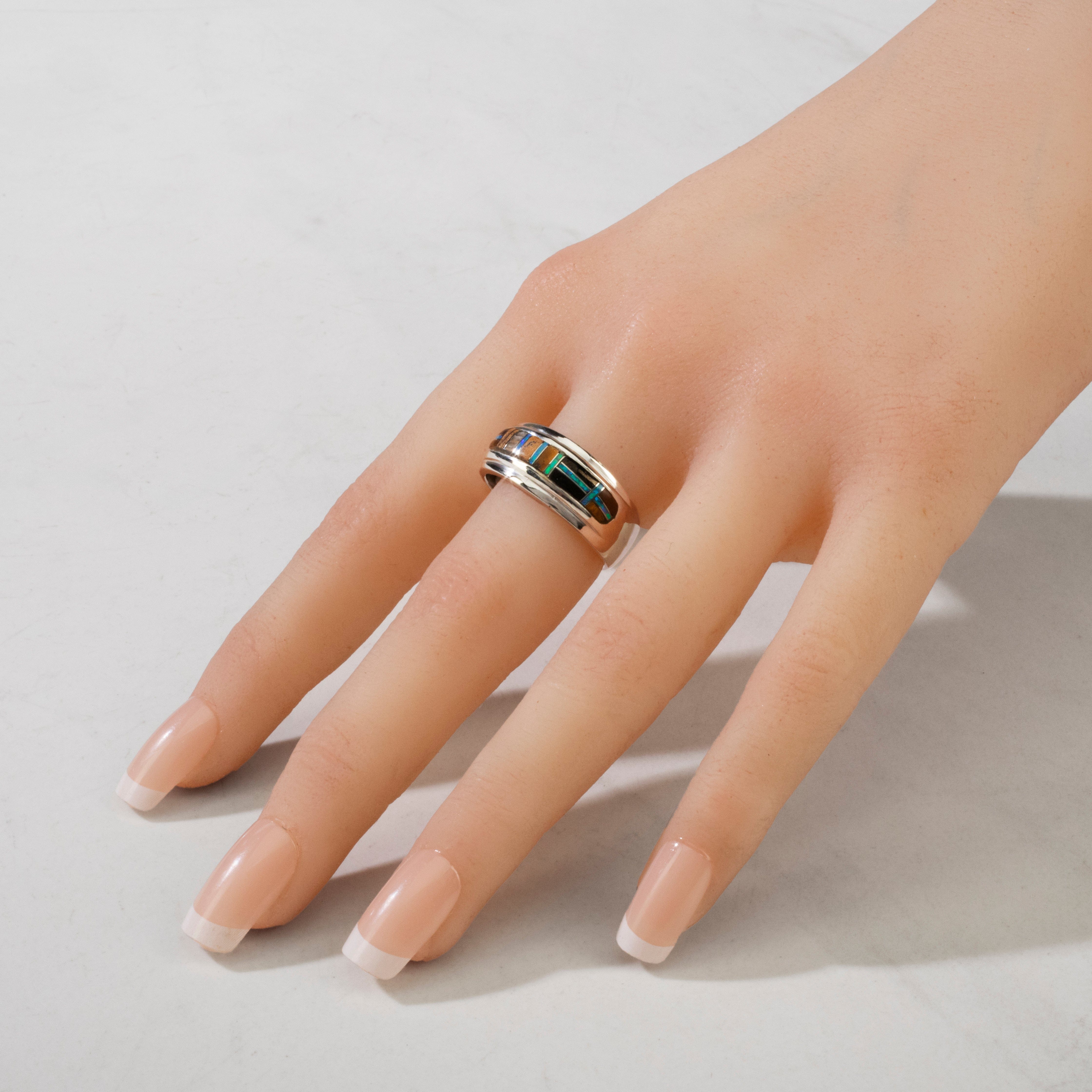 Kalifano Southwest Silver Jewelry Tiger Eye 925 Sterling Silver Ring USA Handmade with Laboratory Opal Accent