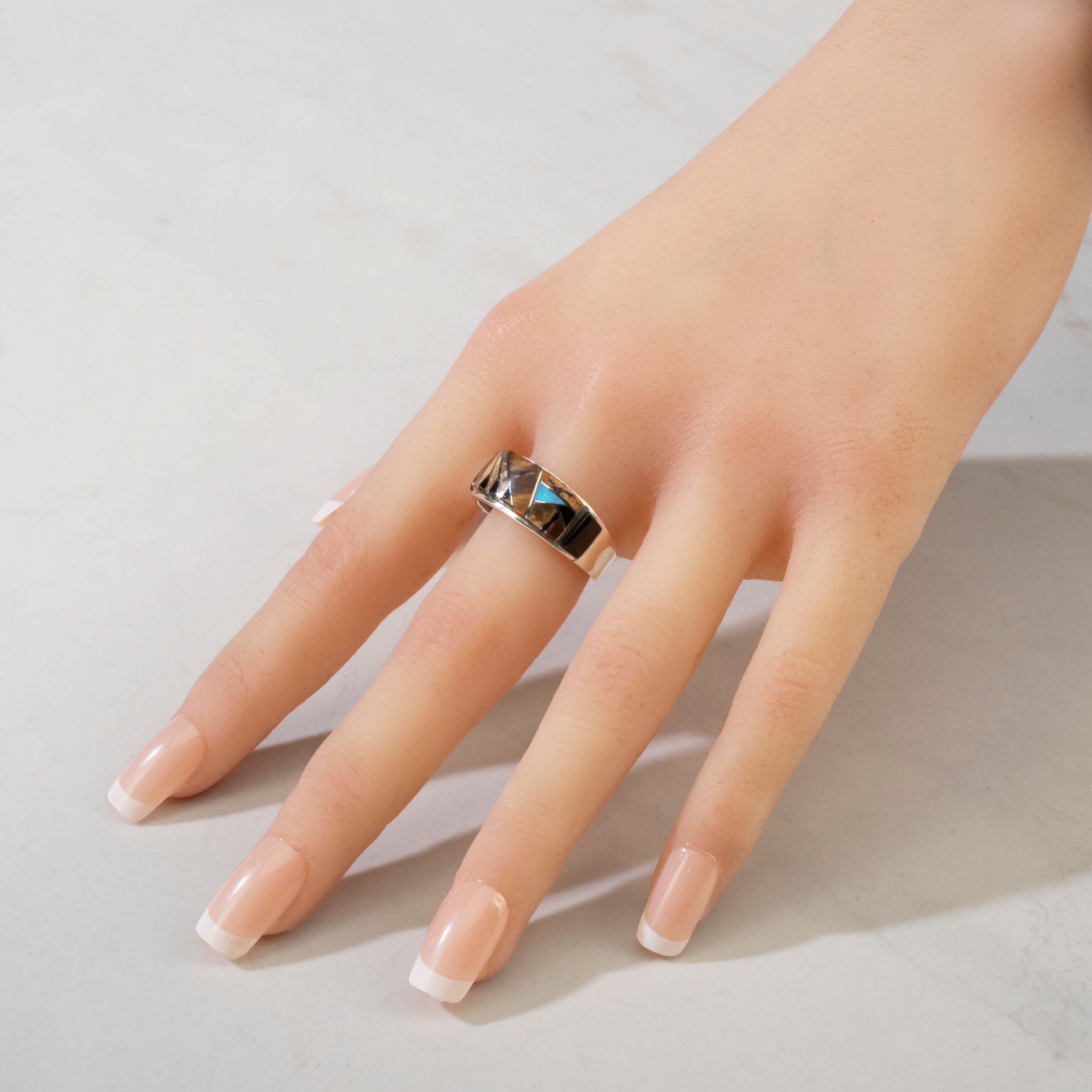 Kalifano Southwest Silver Jewelry Tiger Eye 925 Sterling Silver Ring USA Handmade with Laboratory Opal Accent