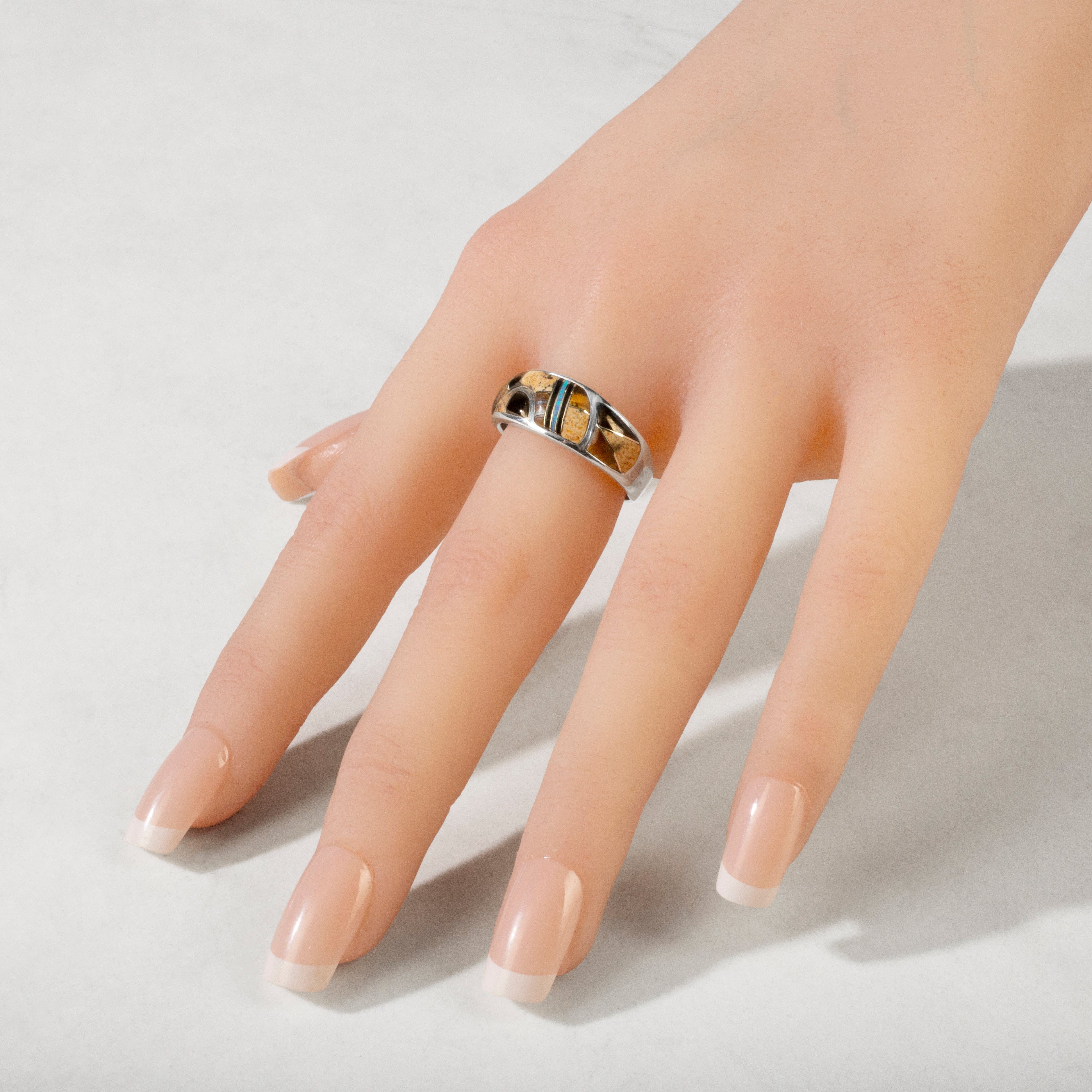 Kalifano Southwest Silver Jewelry Tiger Eye 925 Sterling Silver Ring USA Handmade with Labratory Opal Accent