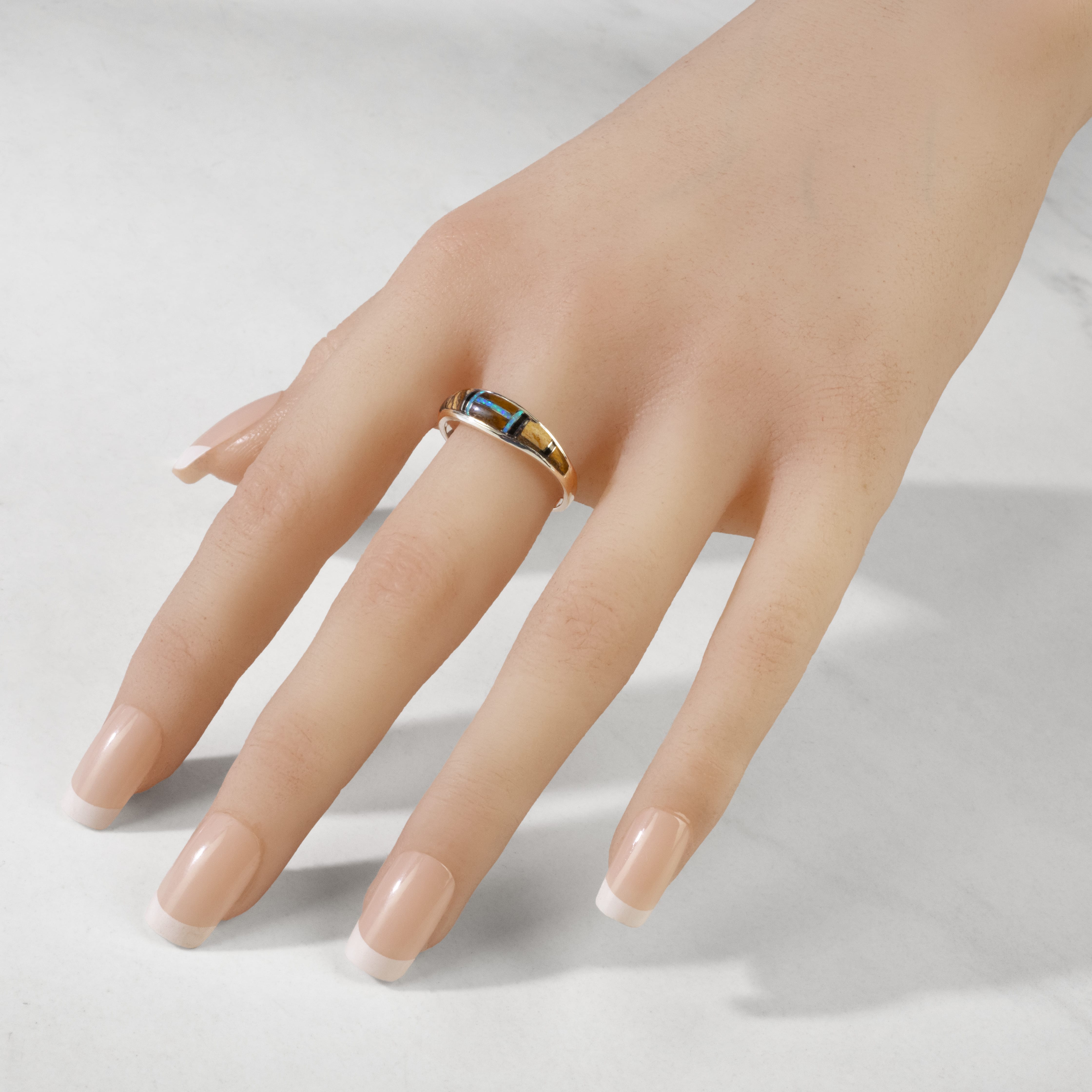 Kalifano Southwest Silver Jewelry Tiger Eye 925 Sterling Silver Ring USA Handmade with Labratory Opal Accent