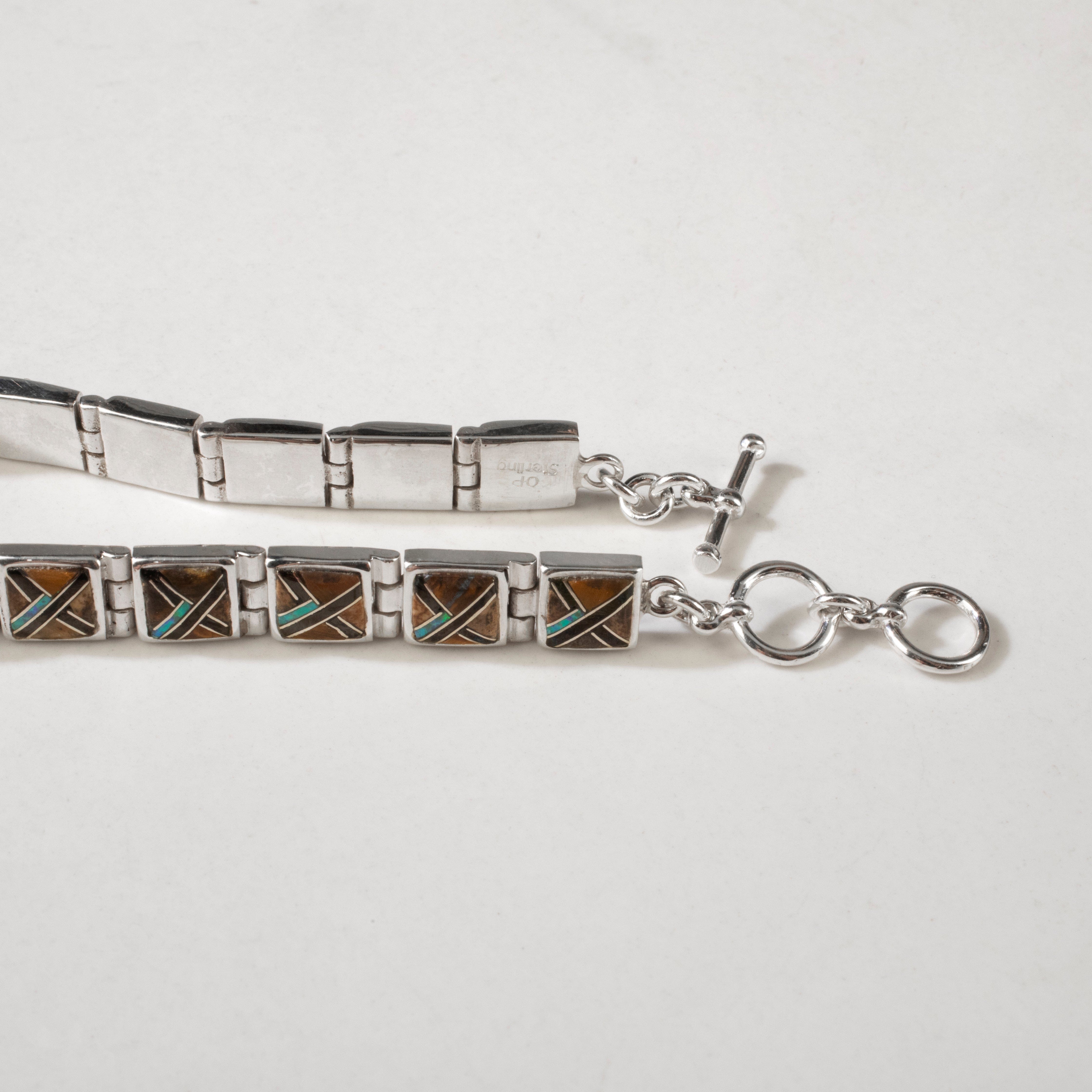 Kalifano Southwest Silver Jewelry Tiger Eye Square 925 Sterling Silver Bracelet USA Handmade with Opal Accent NMB.0245.TE