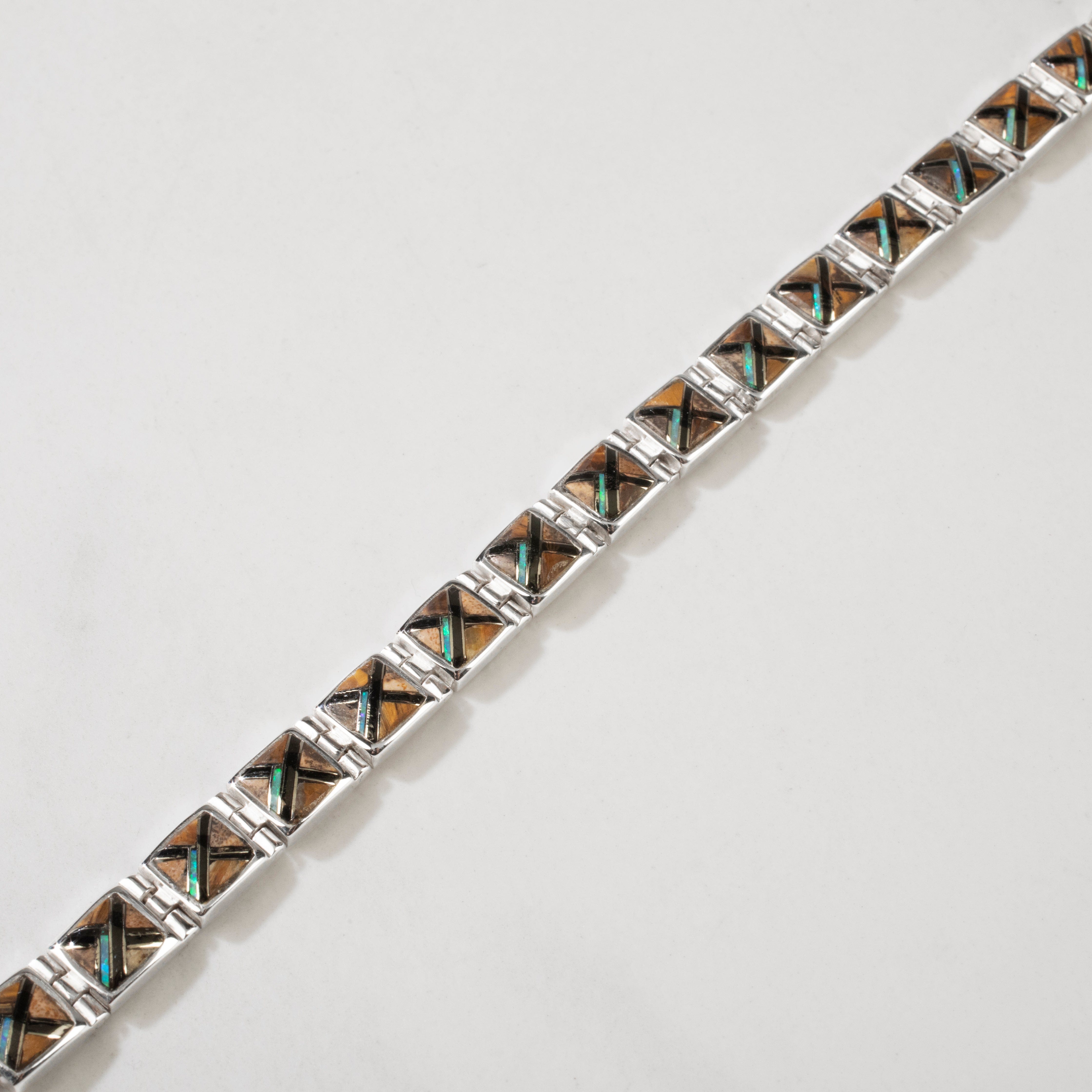 Kalifano Southwest Silver Jewelry Tiger Eye Square 925 Sterling Silver Bracelet USA Handmade with Opal Accent NMB.0245.TE