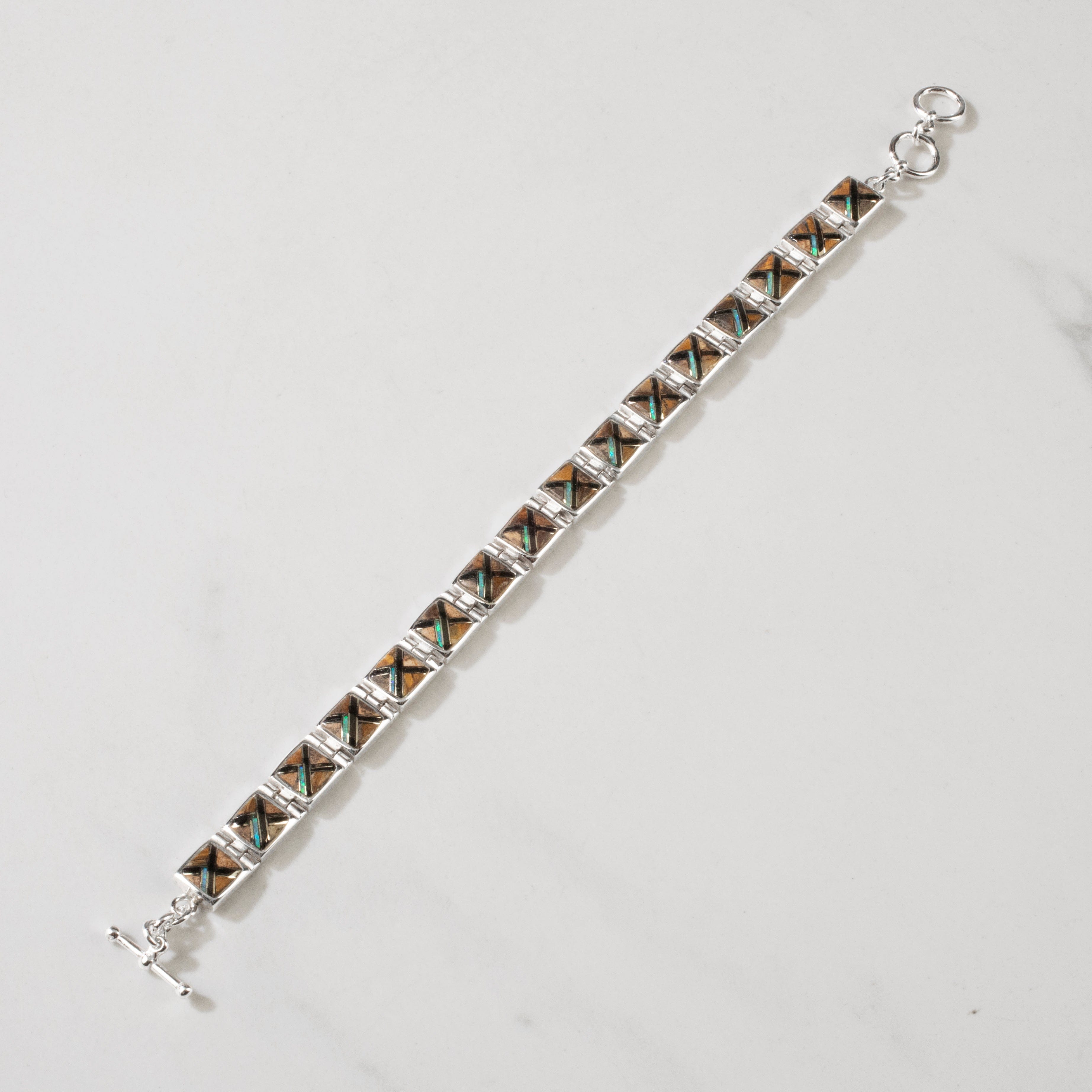 Kalifano Southwest Silver Jewelry Tiger Eye Square 925 Sterling Silver Bracelet USA Handmade with Opal Accent NMB.0245.TE