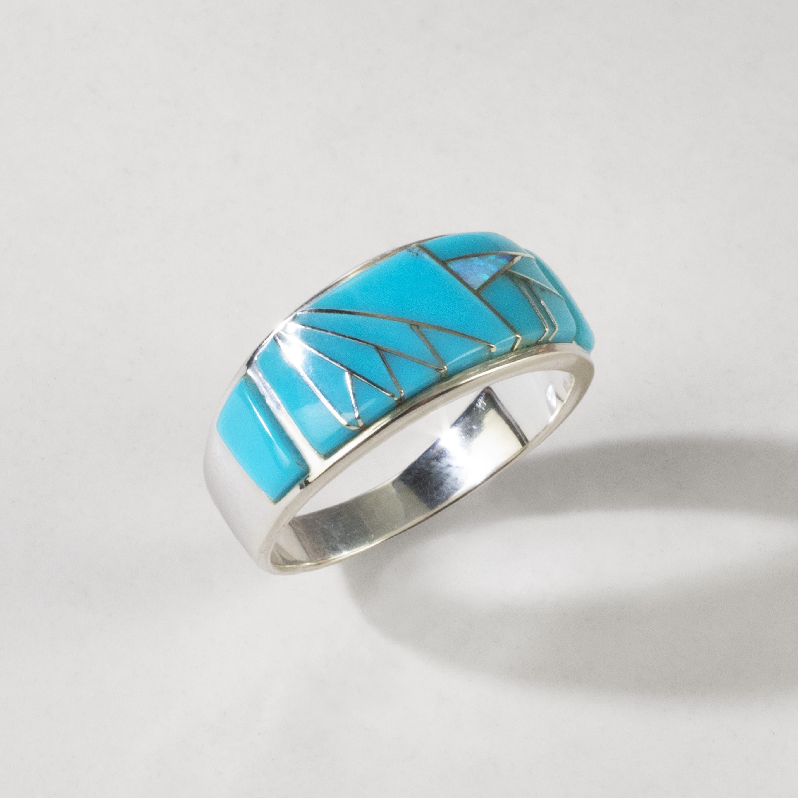 Kalifano Southwest Silver Jewelry Turquoise 925 Sterling Silver Ring USA Handmade with Labratory Opal Accent
