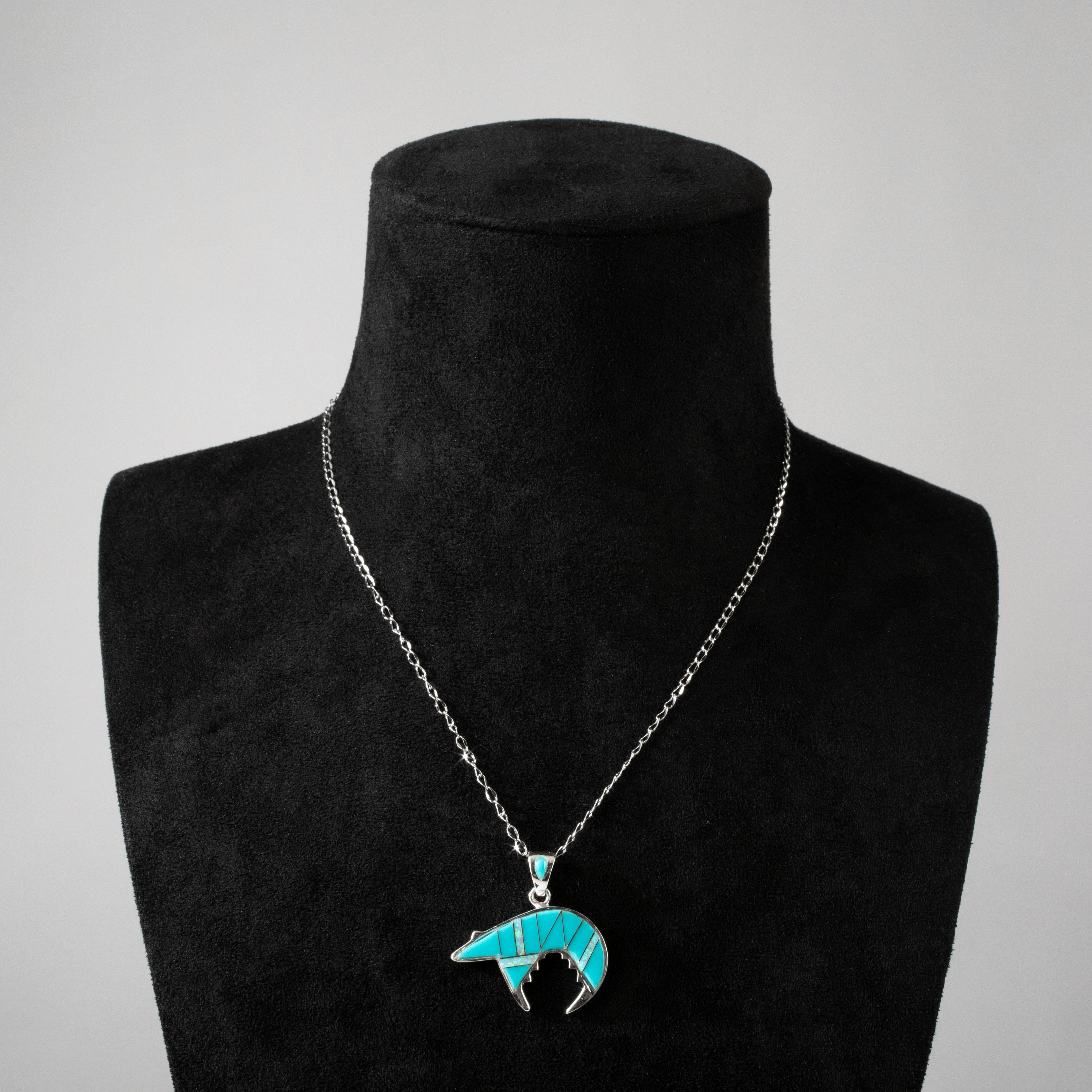 Kalifano Southwest Silver Jewelry Turquoise Bear 925 Sterling Silver USA Handmade Pendant with Opal Accent NMN.0755.TQ