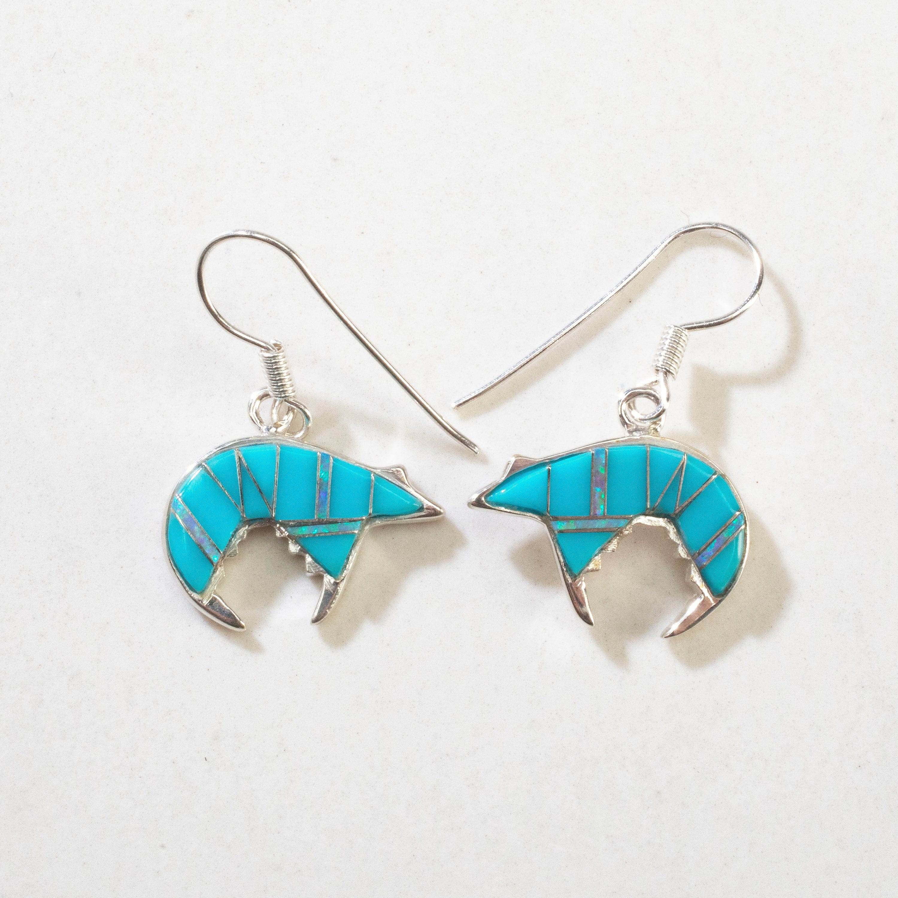 Kalifano Southwest Silver Jewelry Turquoise Bear USA Handmade 925 Sterling Silver Earrings with Opal Accent & French Hook Backing NME.0755.TQ