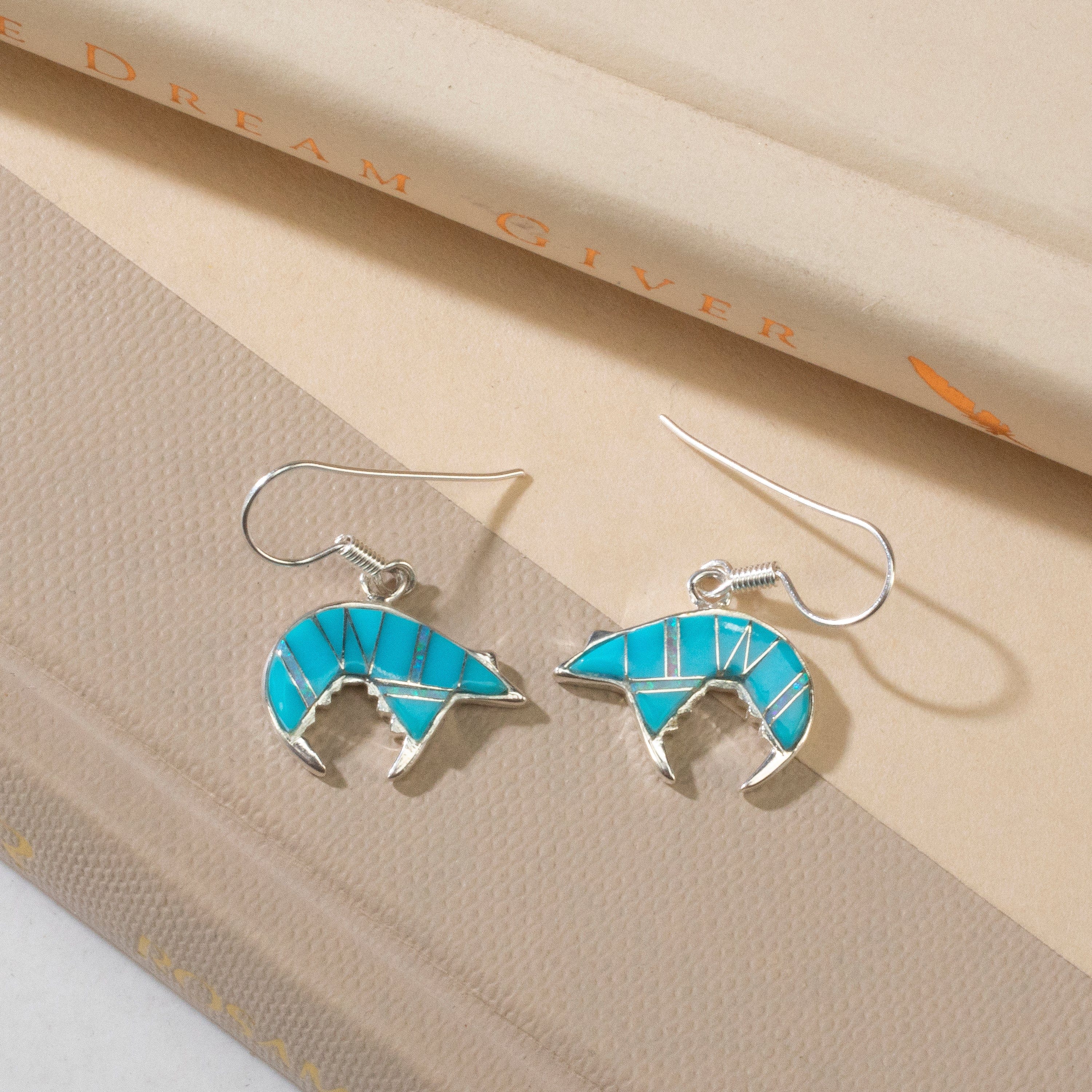 Kalifano Southwest Silver Jewelry Turquoise Bear USA Handmade 925 Sterling Silver Earrings with Opal Accent & French Hook Backing NME.0755.TQ