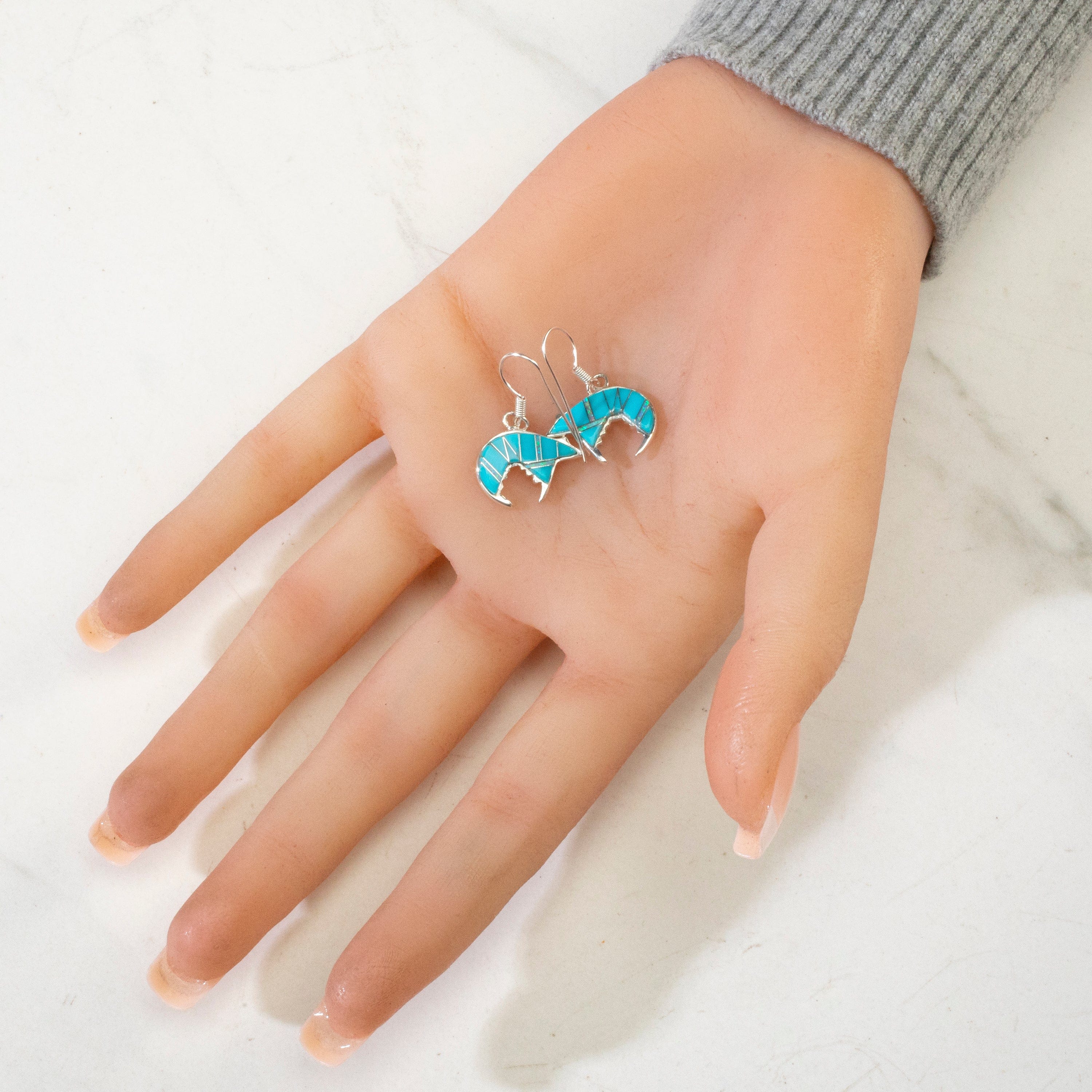 Kalifano Southwest Silver Jewelry Turquoise Bear USA Handmade 925 Sterling Silver Earrings with Opal Accent & French Hook Backing NME.0755.TQ