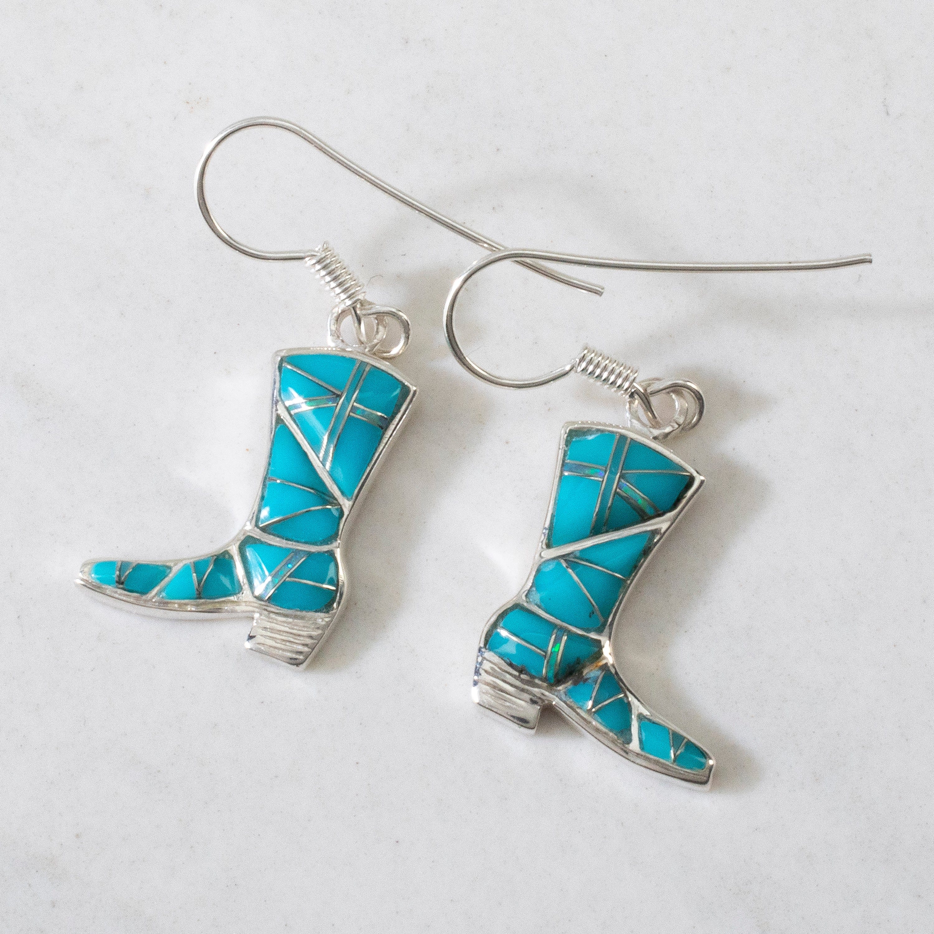 Kalifano Southwest Silver Jewelry Turquoise Boot 925 Sterling Silver Earring with French Hook USA Handmade with Aqua Opal Accent NME.2297.TQ