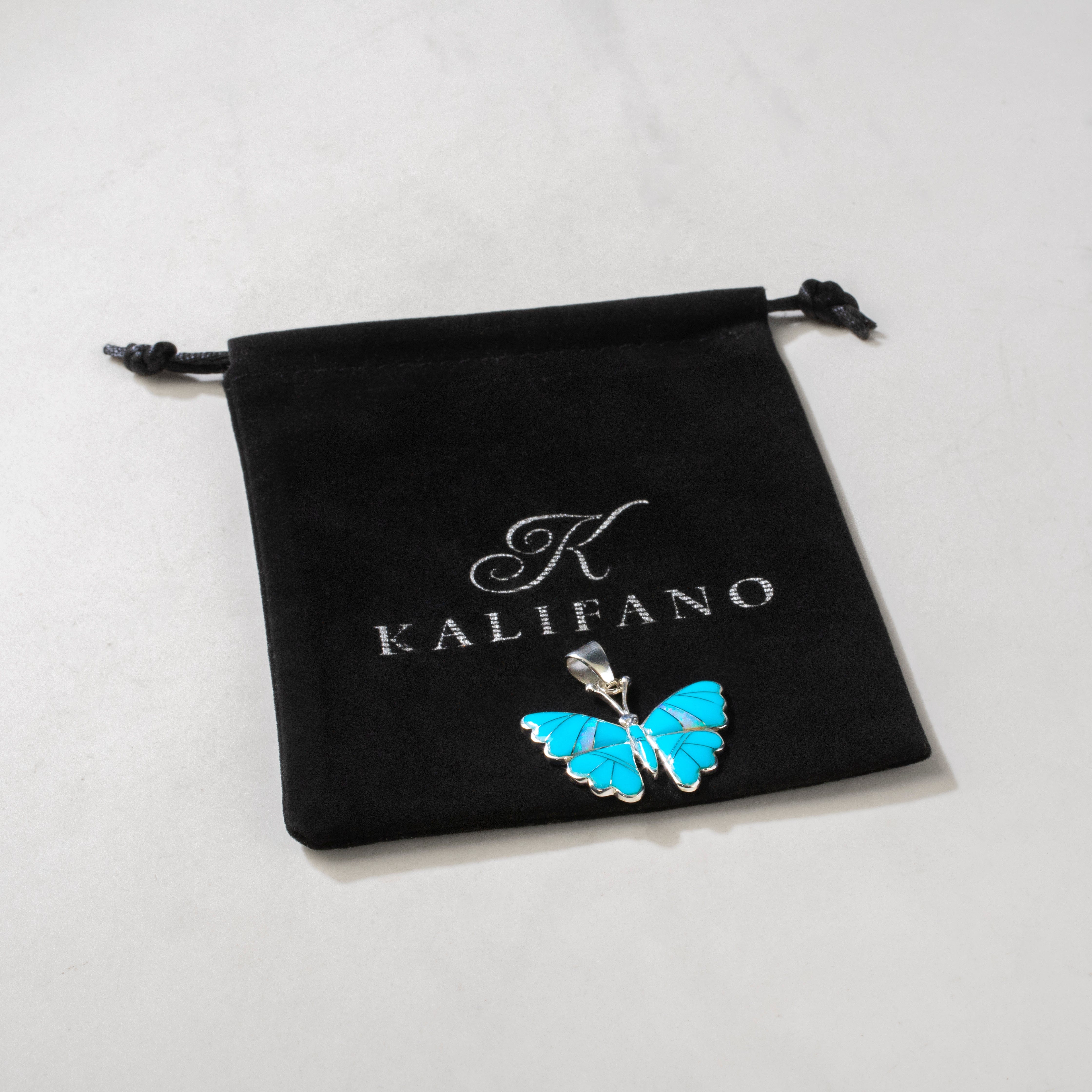 Kalifano Southwest Silver Jewelry Turquoise Butterfly 925 Sterling Silver USA Handmade Pendant with Opal Accent NMN.2336.TQ