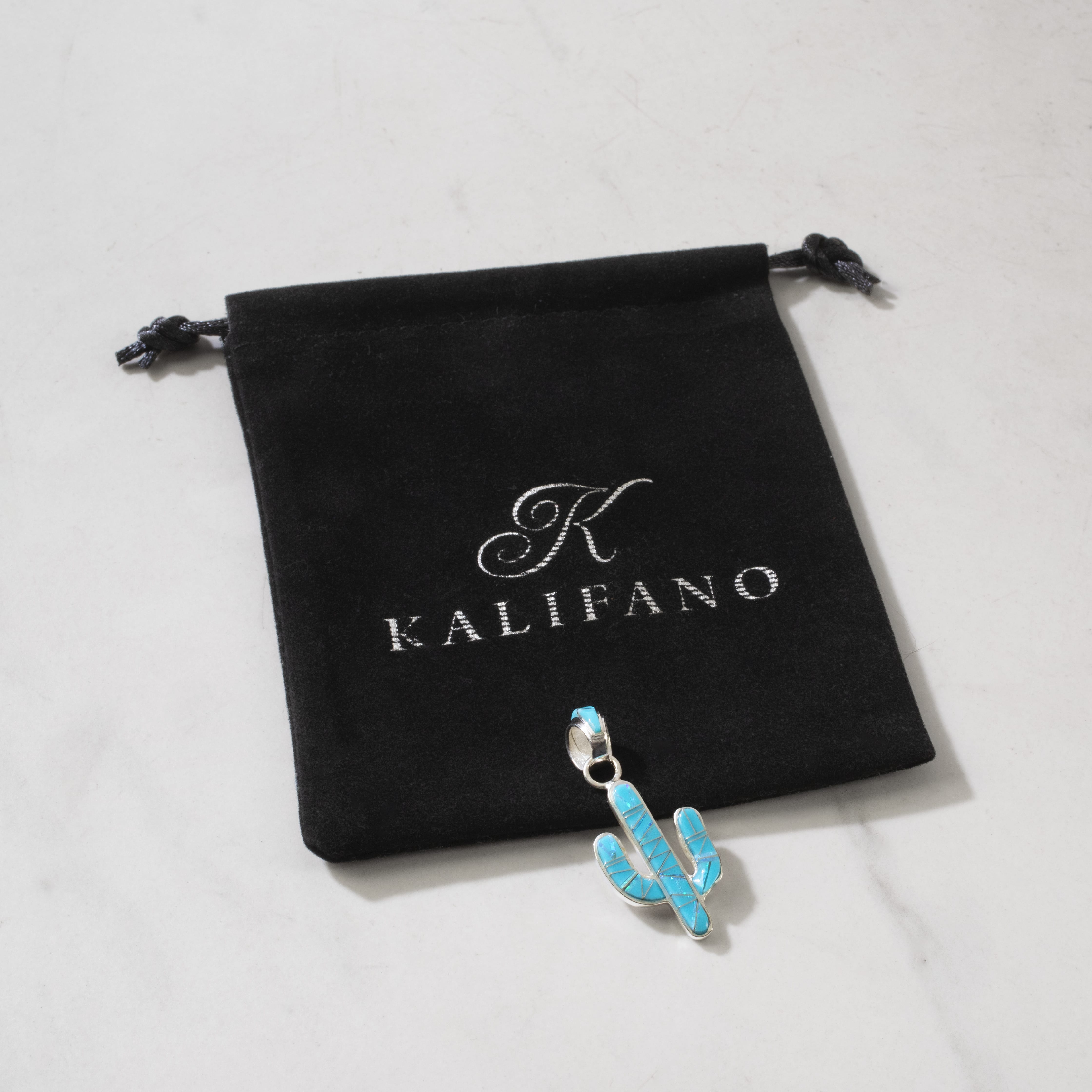 Kalifano Southwest Silver Jewelry Turquoise Cactus 925 Sterling Silver Pendant USA Handmade with Aqua Opal Accent NMN.0602.TQ