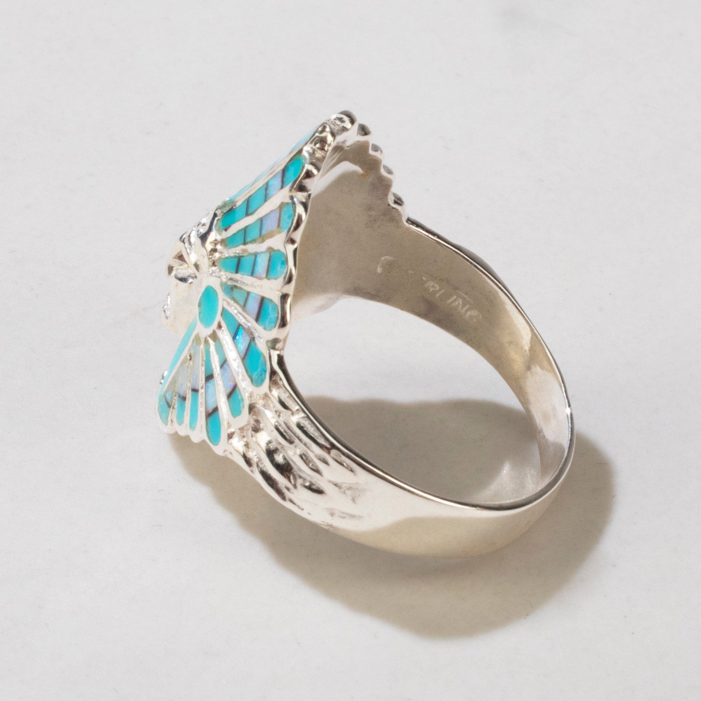 Kalifano Southwest Silver Jewelry Turquoise Chief Head 925 Sterling Silver Ring USA Handmade with Laboratory Opal Accent
