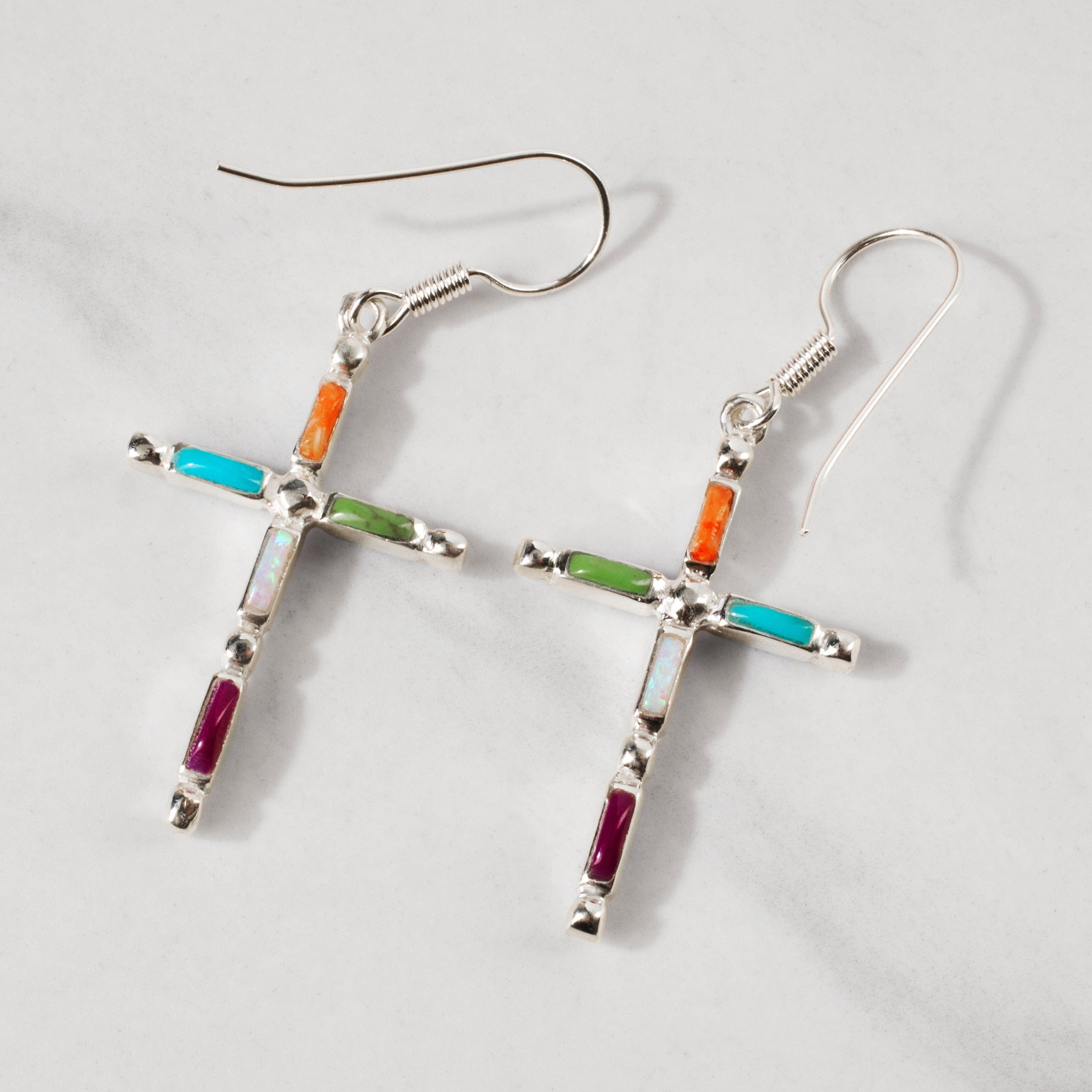 Kalifano Southwest Silver Jewelry Turquoise Cross 925 Sterling Silver USA Handmade Earring with French Hook NME.2128.TQ