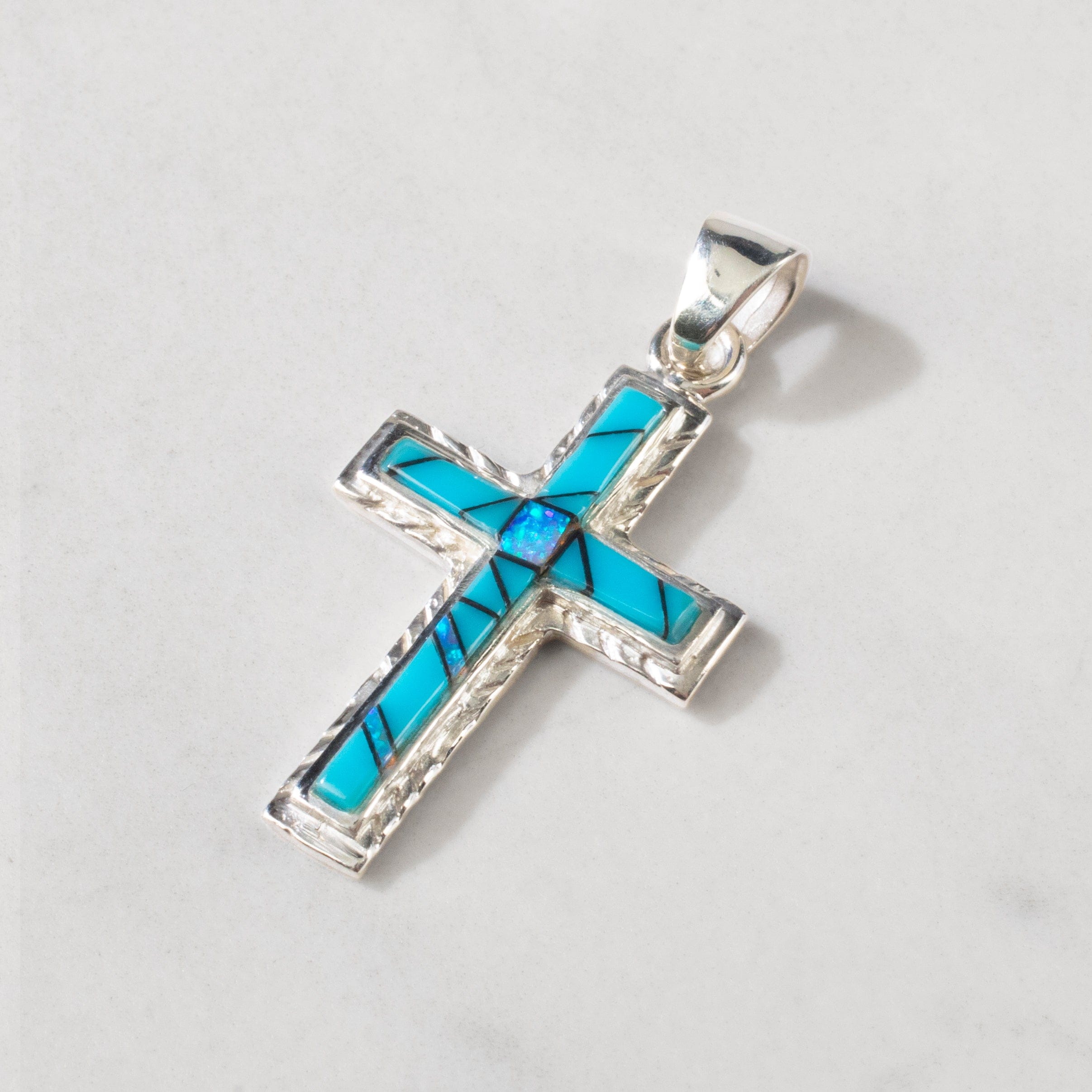Kalifano Southwest Silver Jewelry Turquoise Cross 925 Sterling Silver USA Handmade Pendant with Opal Accent NMN.2054S.TQ