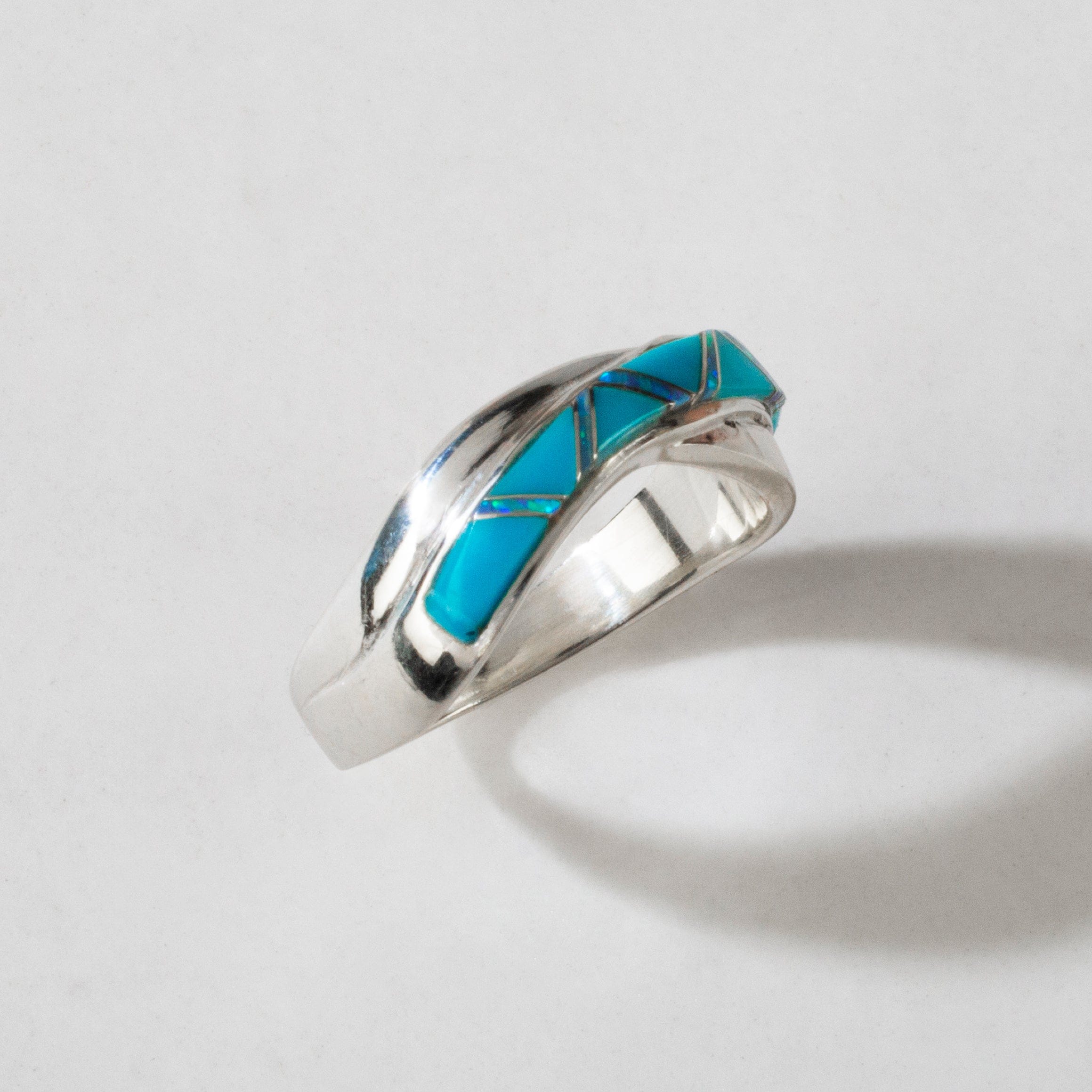 Kalifano Southwest Silver Jewelry Turquoise Crossover 925 Sterling Silver Ring USA Handmade with Laboratory Opal Accent