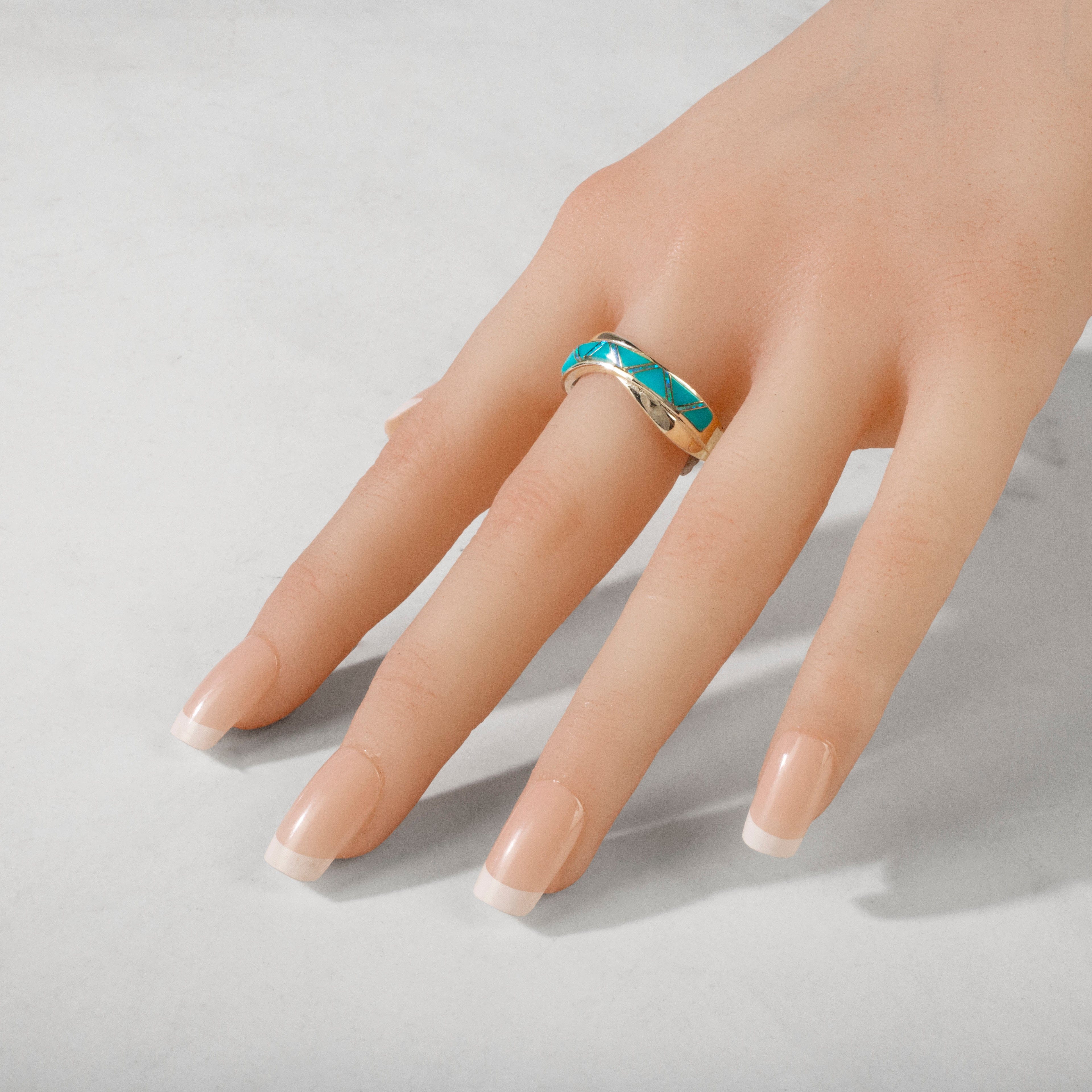 Kalifano Southwest Silver Jewelry Turquoise Crossover 925 Sterling Silver Ring USA Handmade with Laboratory Opal Accent