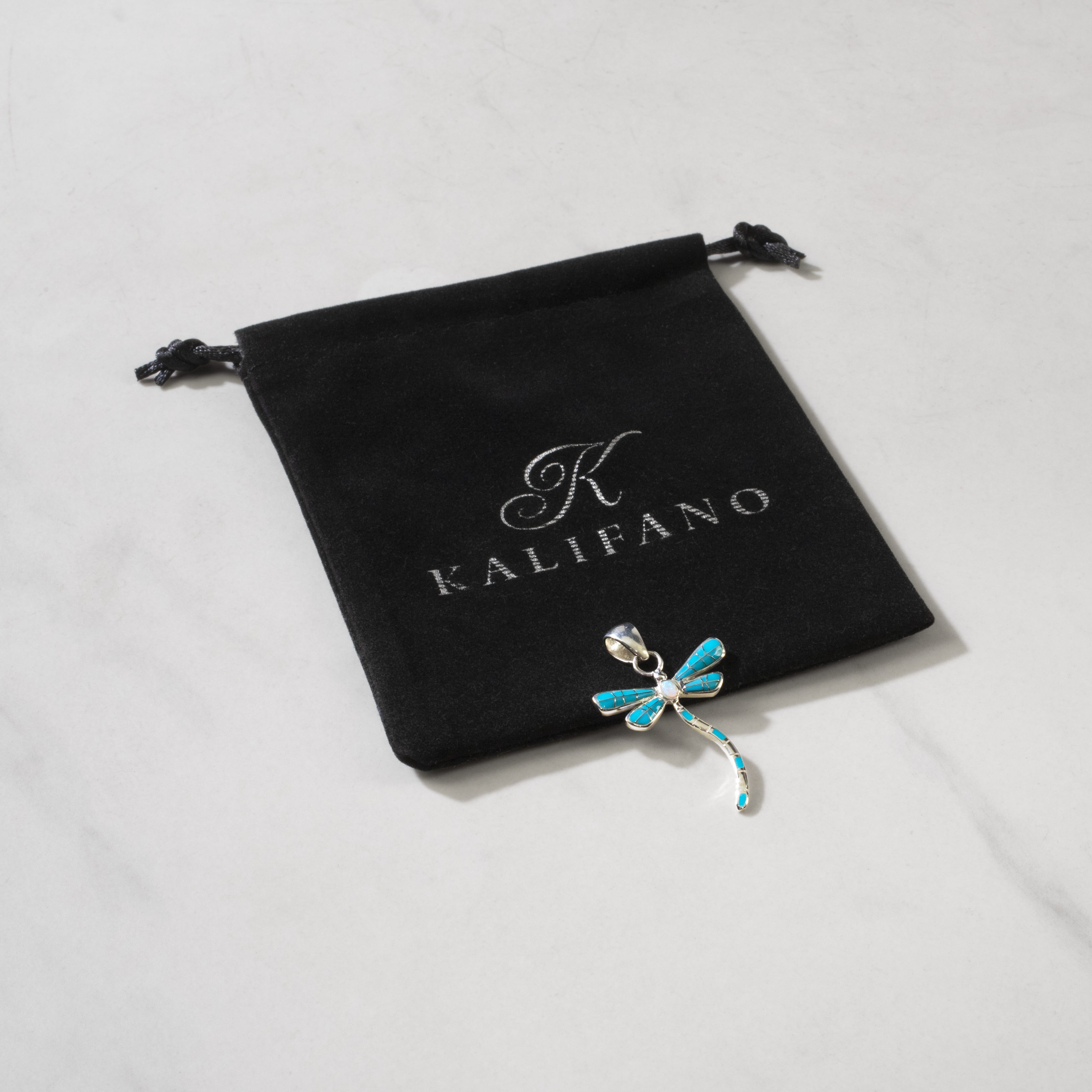 Kalifano Southwest Silver Jewelry Turquoise Dragonfly 925 Sterling Silver Pendant USA Handmade with Aqua Opal Accent NMN.0893.TQ