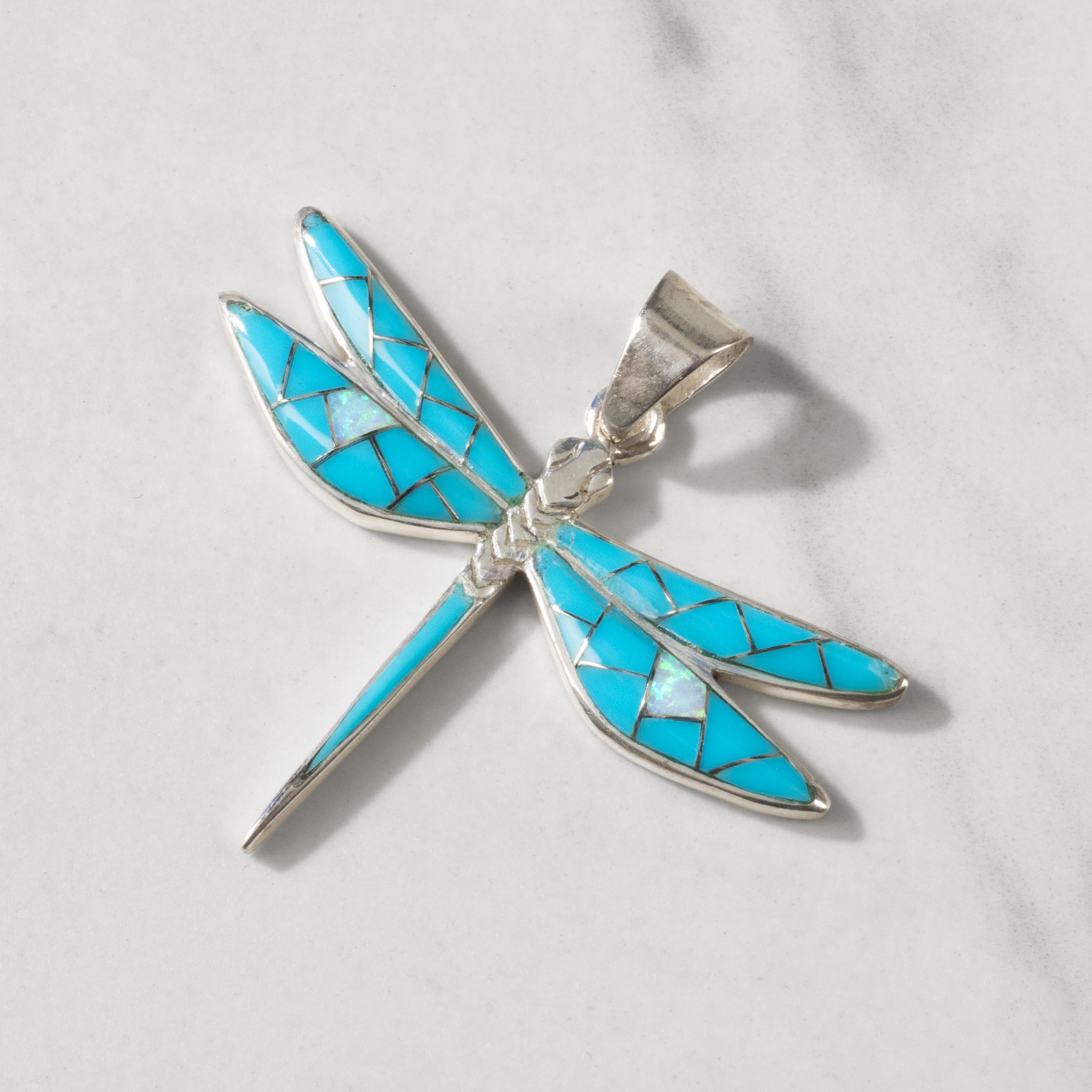 Kalifano Southwest Silver Jewelry Turquoise Dragonfly 925 Sterling Silver Pendant USA Handmade with Opal Accent NMN.2296S.TQ