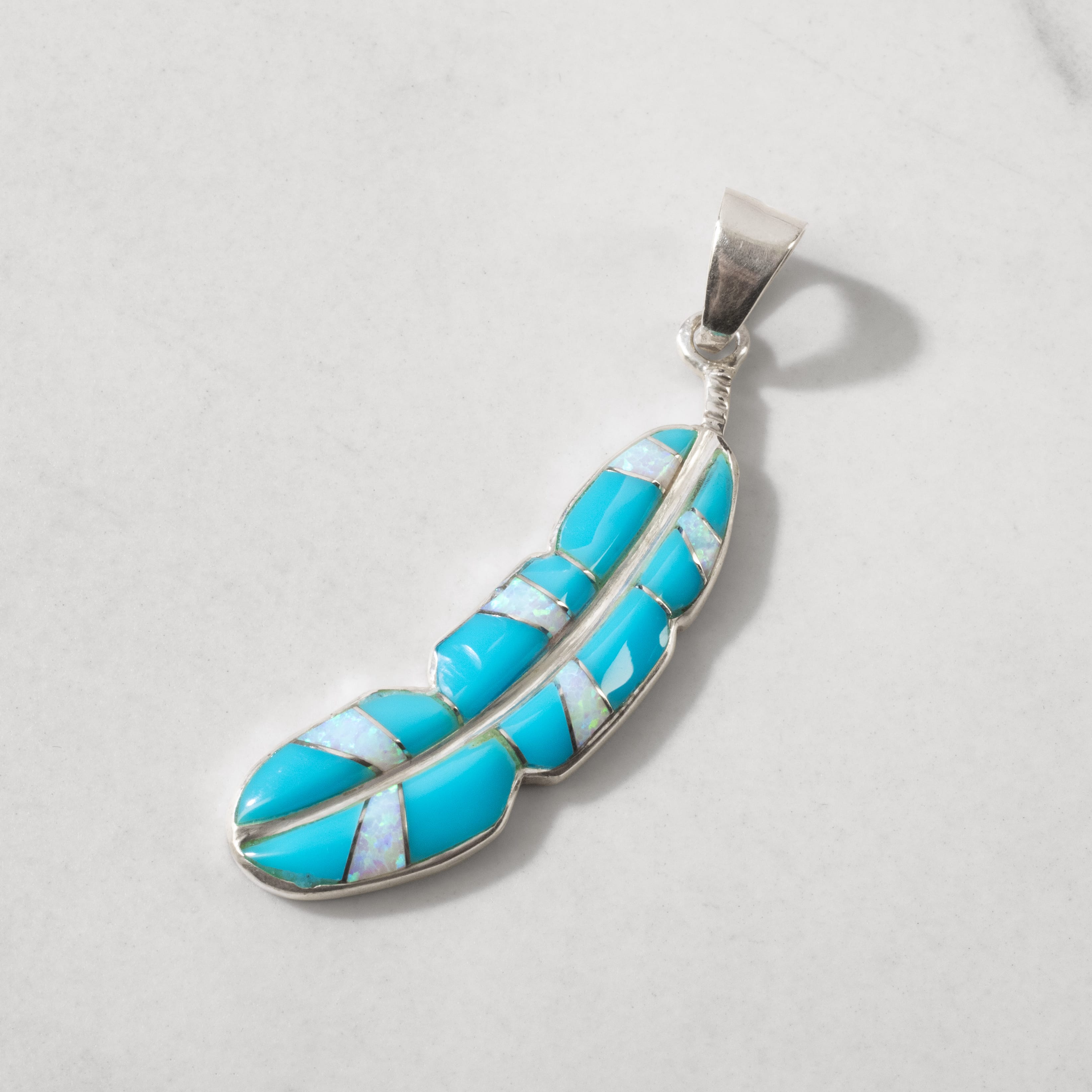 Kalifano Southwest Silver Jewelry Turquoise Feather 925 Sterling Silver Pendant USA Handmade with Opal Accent NMN.2312.TQ