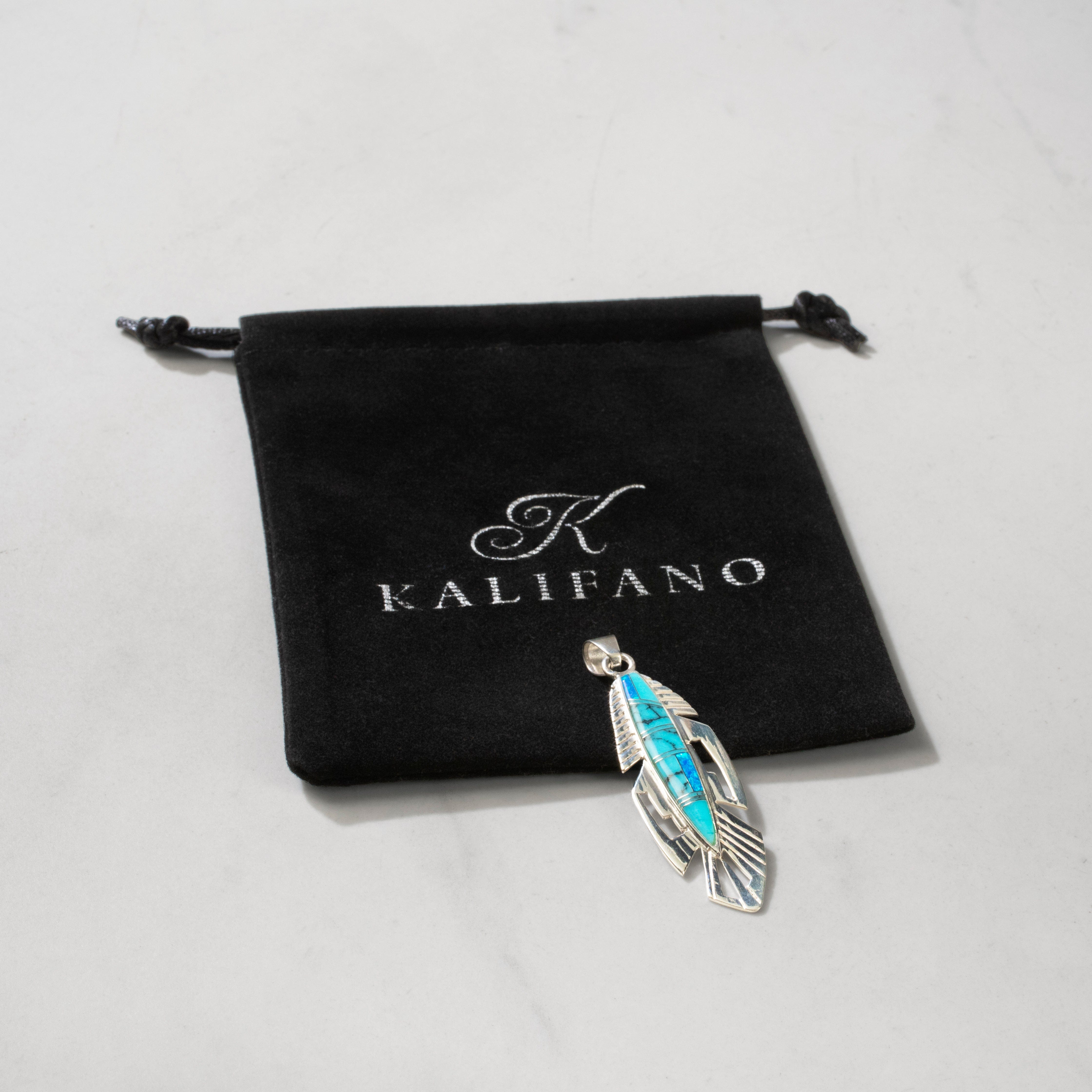 Kalifano Southwest Silver Jewelry Turquoise Feather 925 Sterling Silver USA Handmade Pendant with Opal Accent NMN.2337.TQ