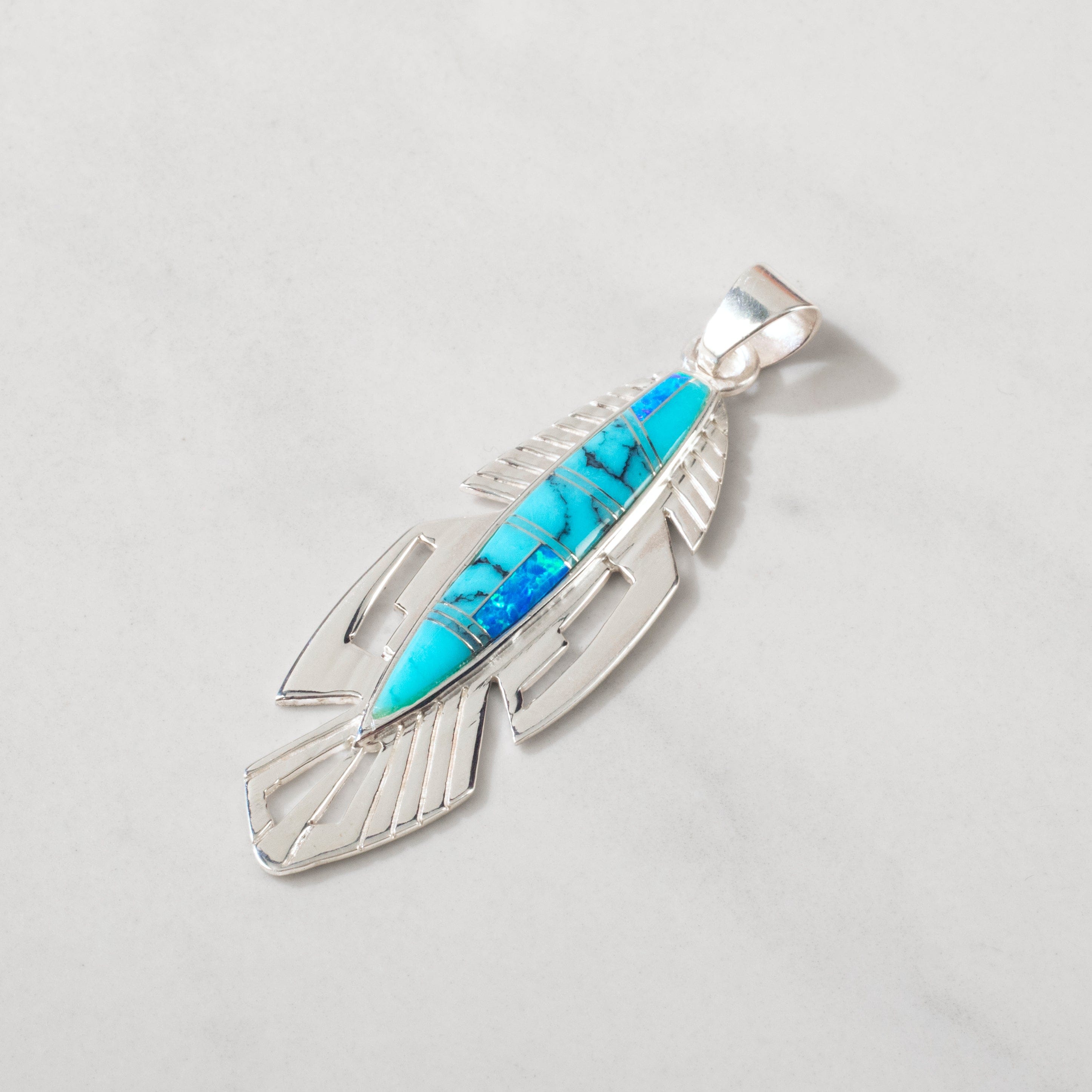 Kalifano Southwest Silver Jewelry Turquoise Feather 925 Sterling Silver USA Handmade Pendant with Opal Accent NMN.2337.TQ