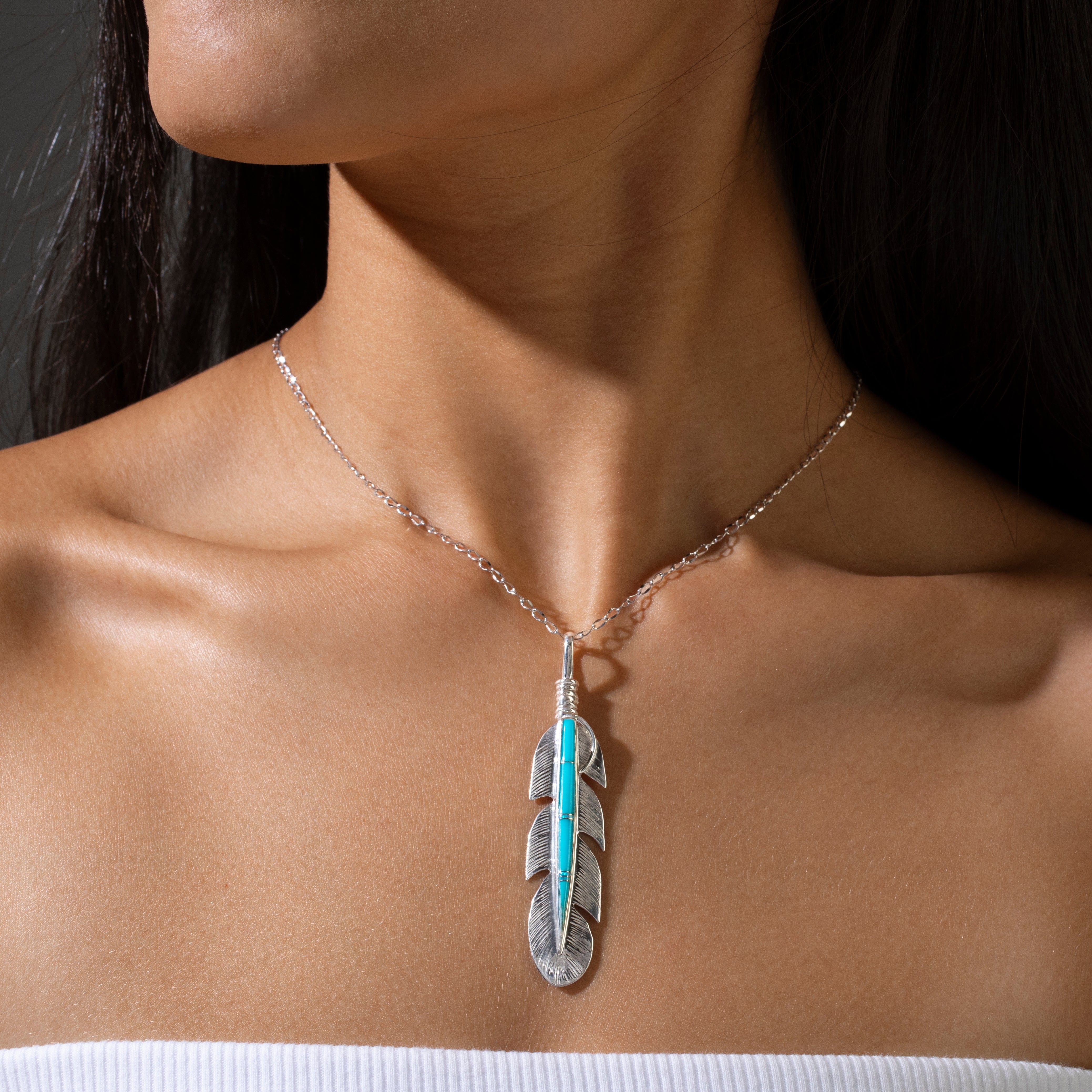 Kalifano Southwest Silver Jewelry Turquoise Feather USA Handmade 925 Sterling Silver Pendant NMN.0741.TQ
