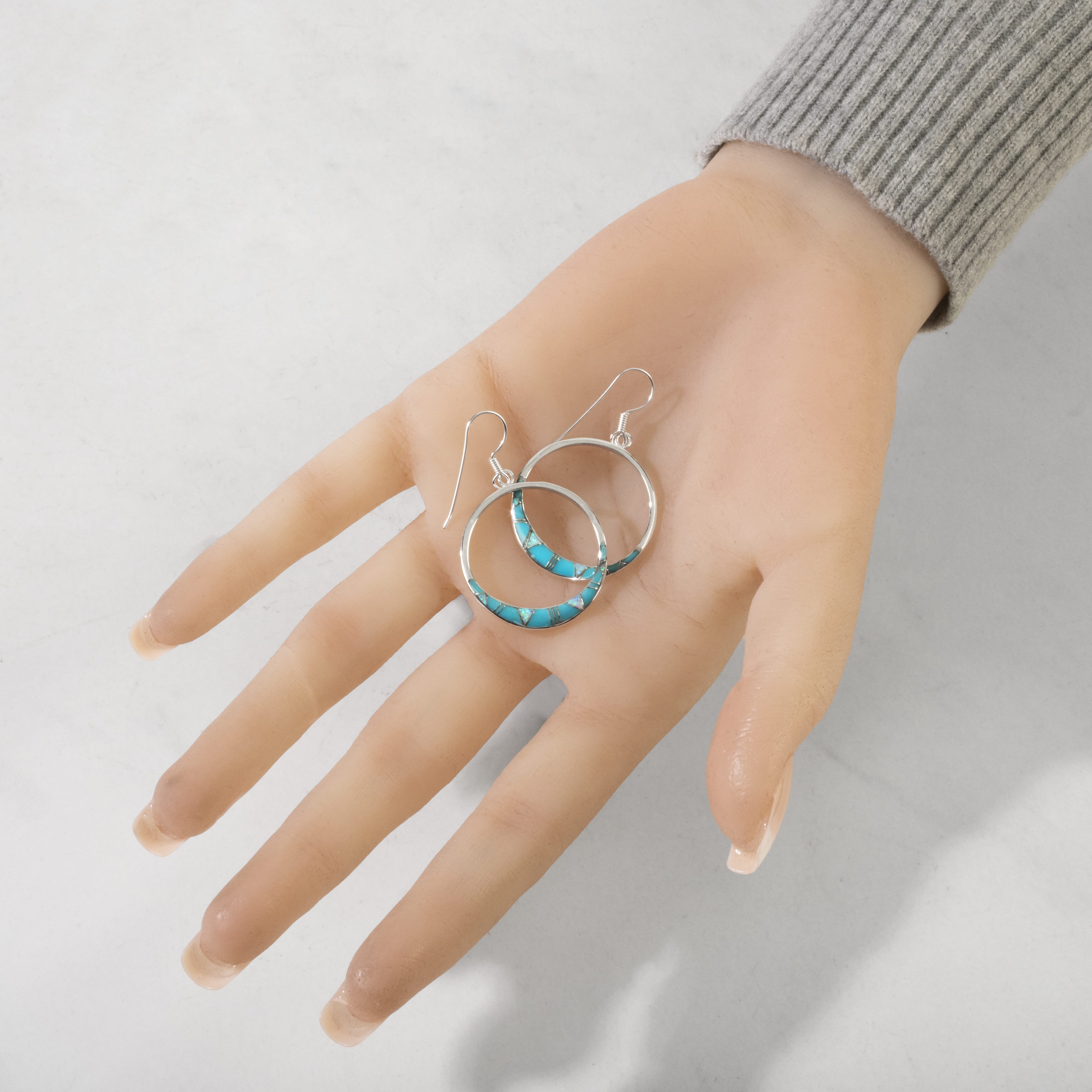 Kalifano Southwest Silver Jewelry Turquoise Hoop 925 Sterling Silver USA Handmade Earring with French Hook & Opal Accent NME.2314.TQ