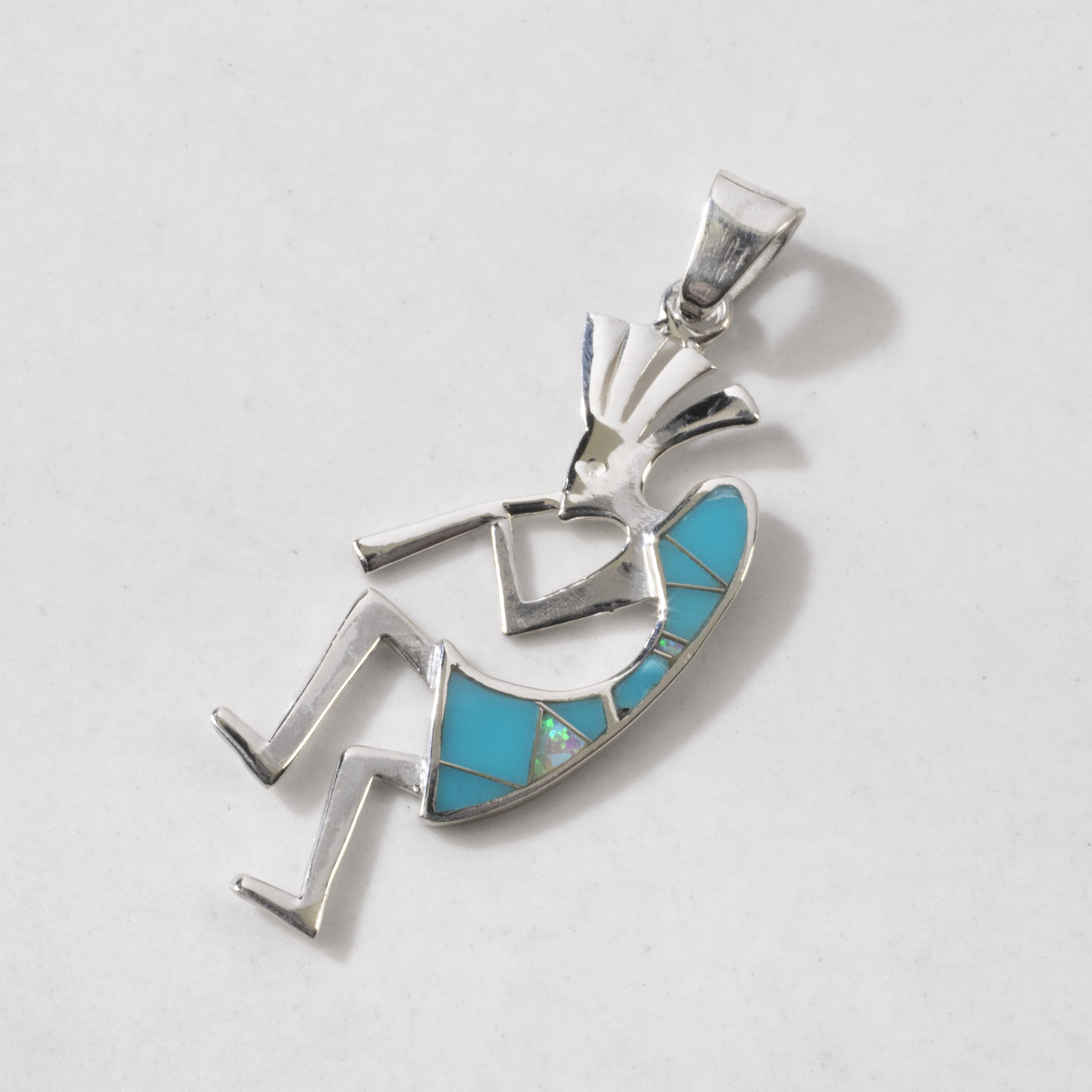 Kalifano Southwest Silver Jewelry Turquoise Kokopelli 925 Sterling Silver Pendant USA Handmade with Opal Accent NMN.2155.TQ