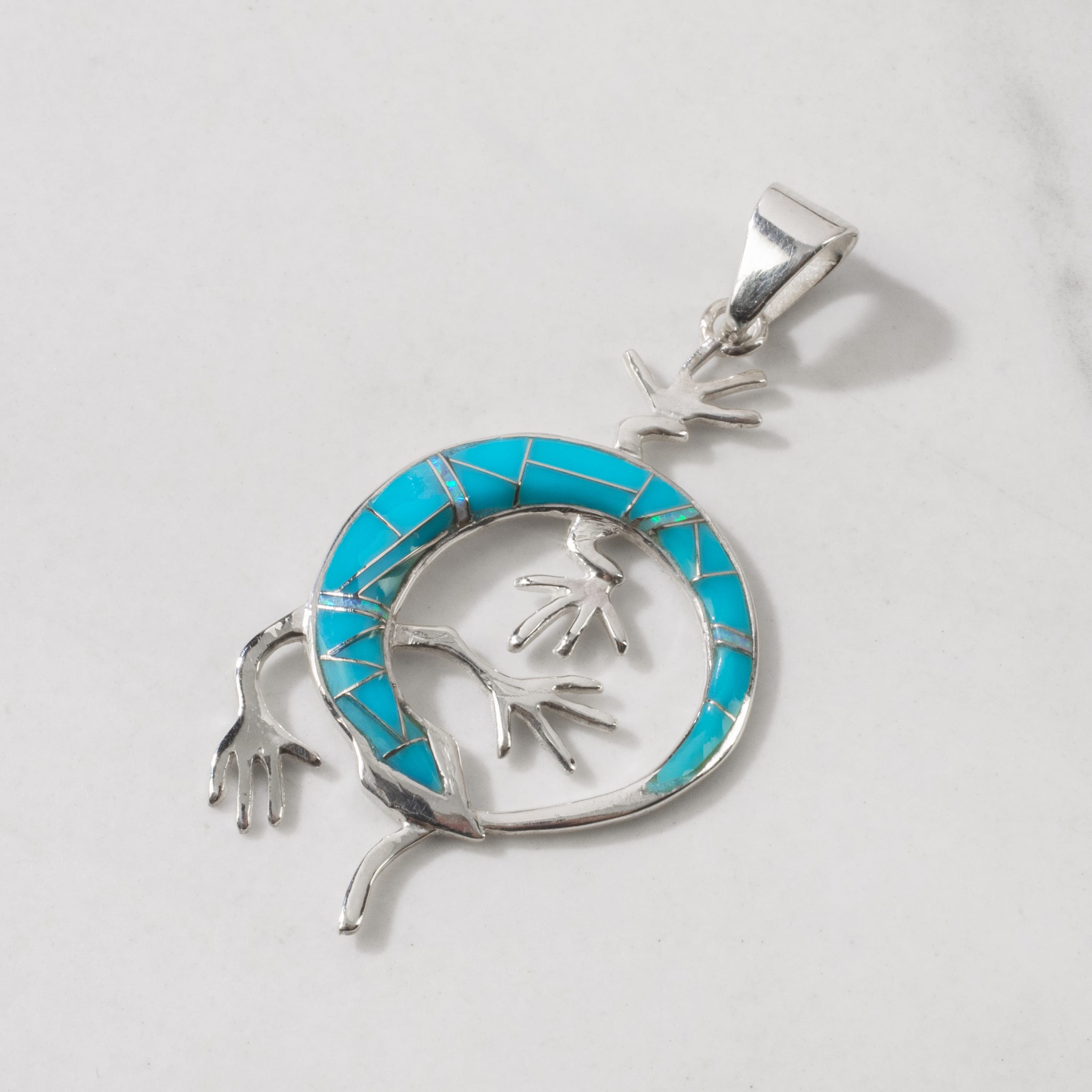 Kalifano Southwest Silver Jewelry Turquoise Lizard 925 Sterling Silver USA Handmade Pendant with Opal Accent NMN.2162.TQ