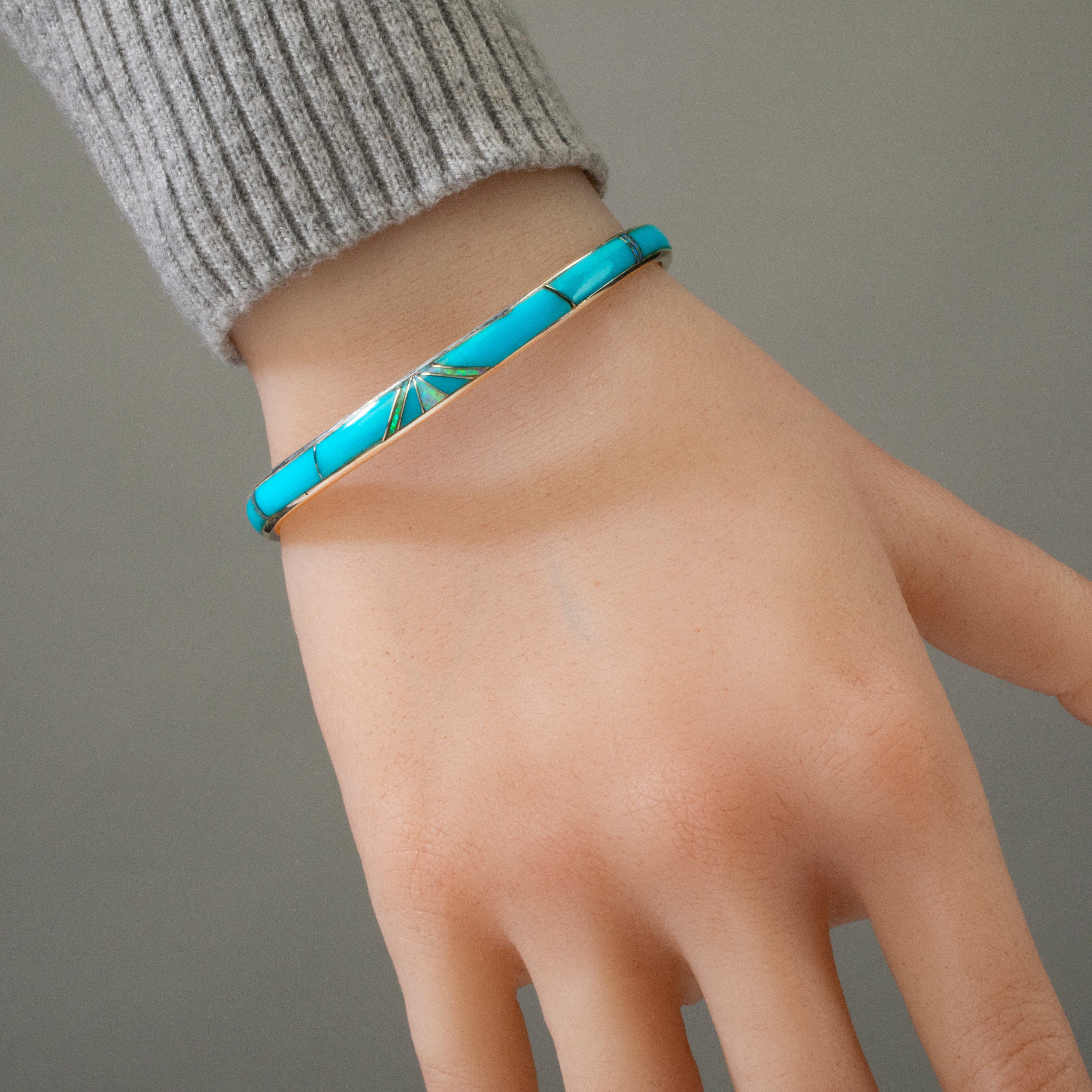 Kalifano Southwest Silver Jewelry Turquoise & Opal USA Handmade 925 Sterling Silver Cuff NMB.0757.TQ