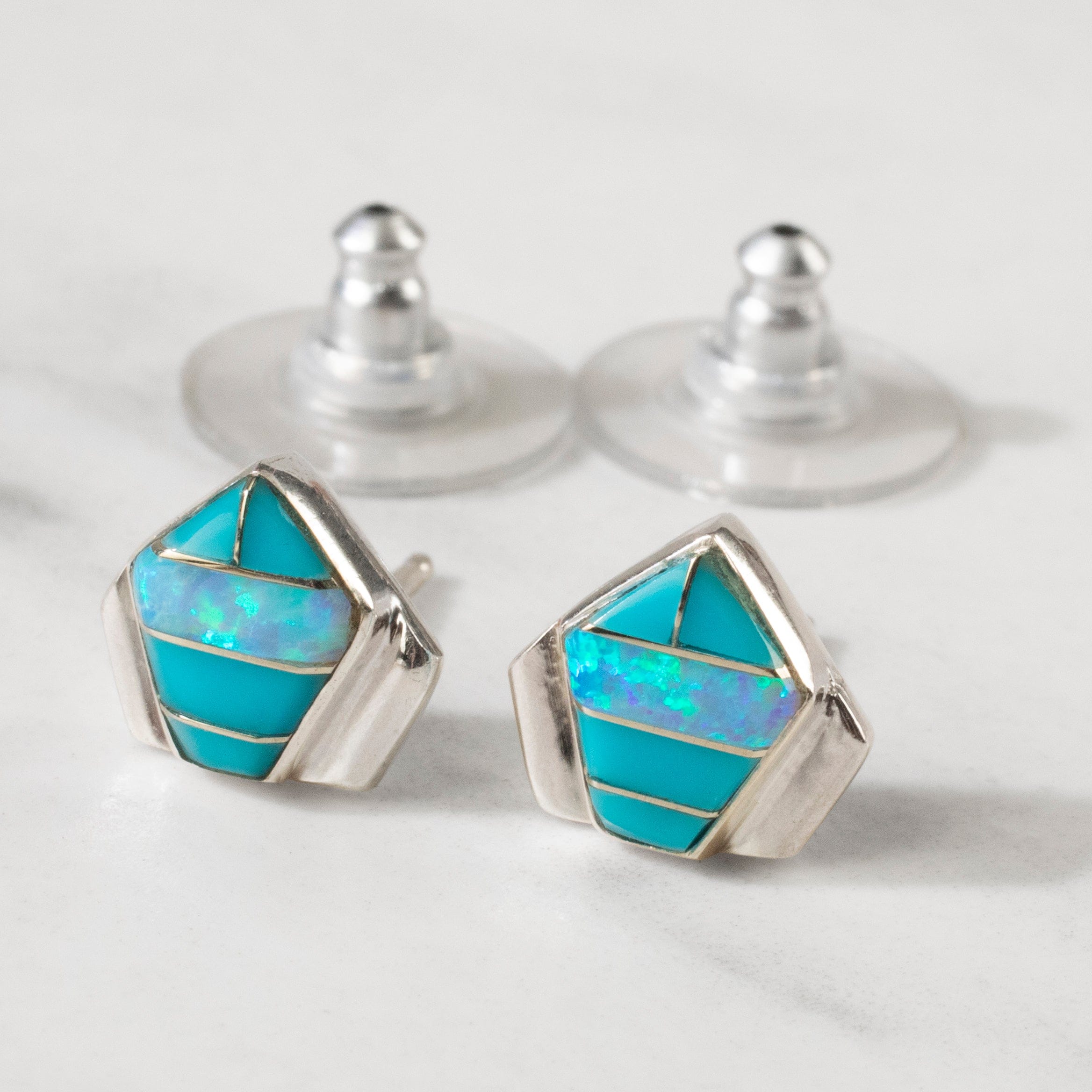 Kalifano Southwest Silver Jewelry Turquoise Pentagon 925 Sterling Silver USA Handmade Earring with Stud Backing NME.0371.TQ