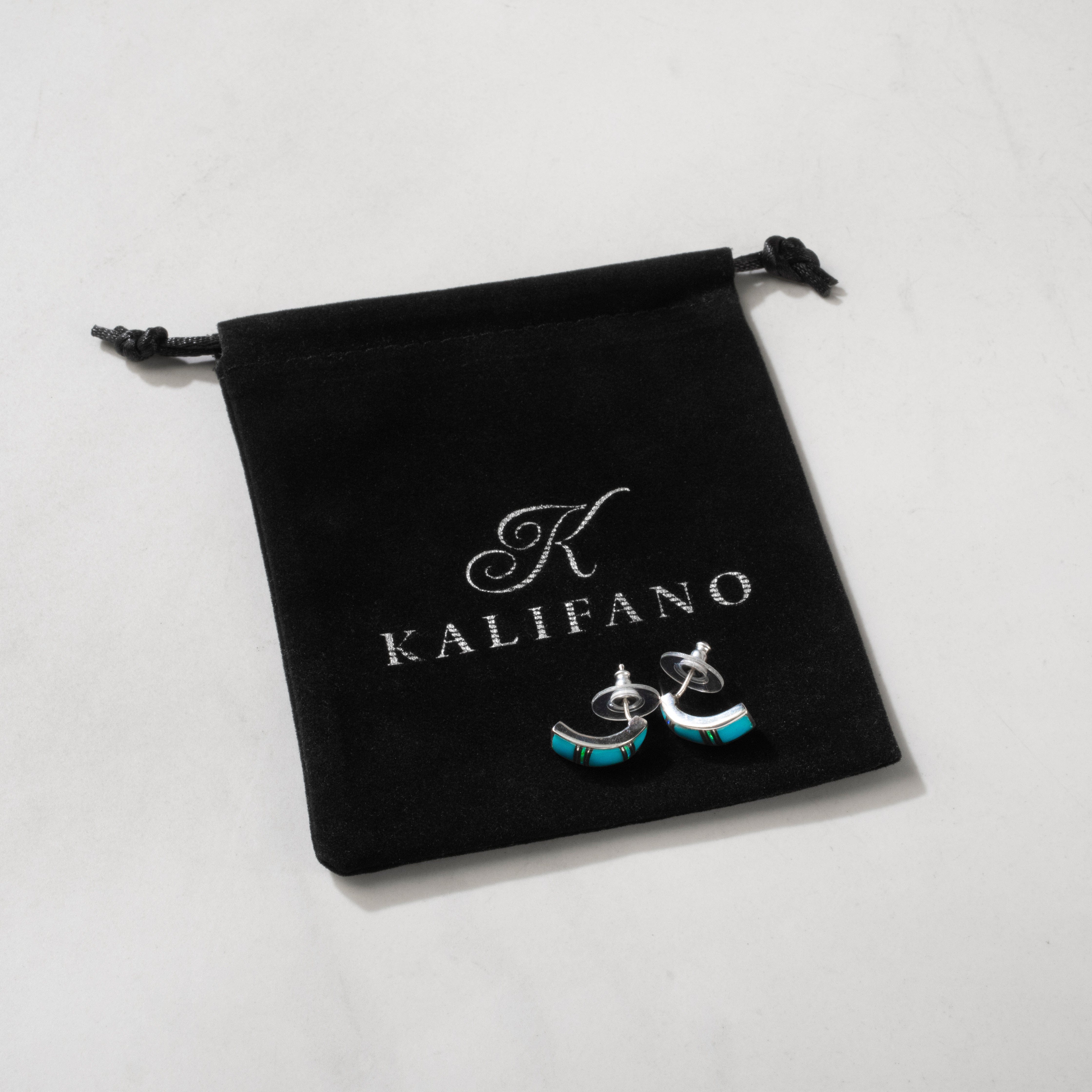 Kalifano Southwest Silver Jewelry Turquoise Semi Hoop Earrings Handmade with Sterling Silver and Opal Accent NME.1096.TQ