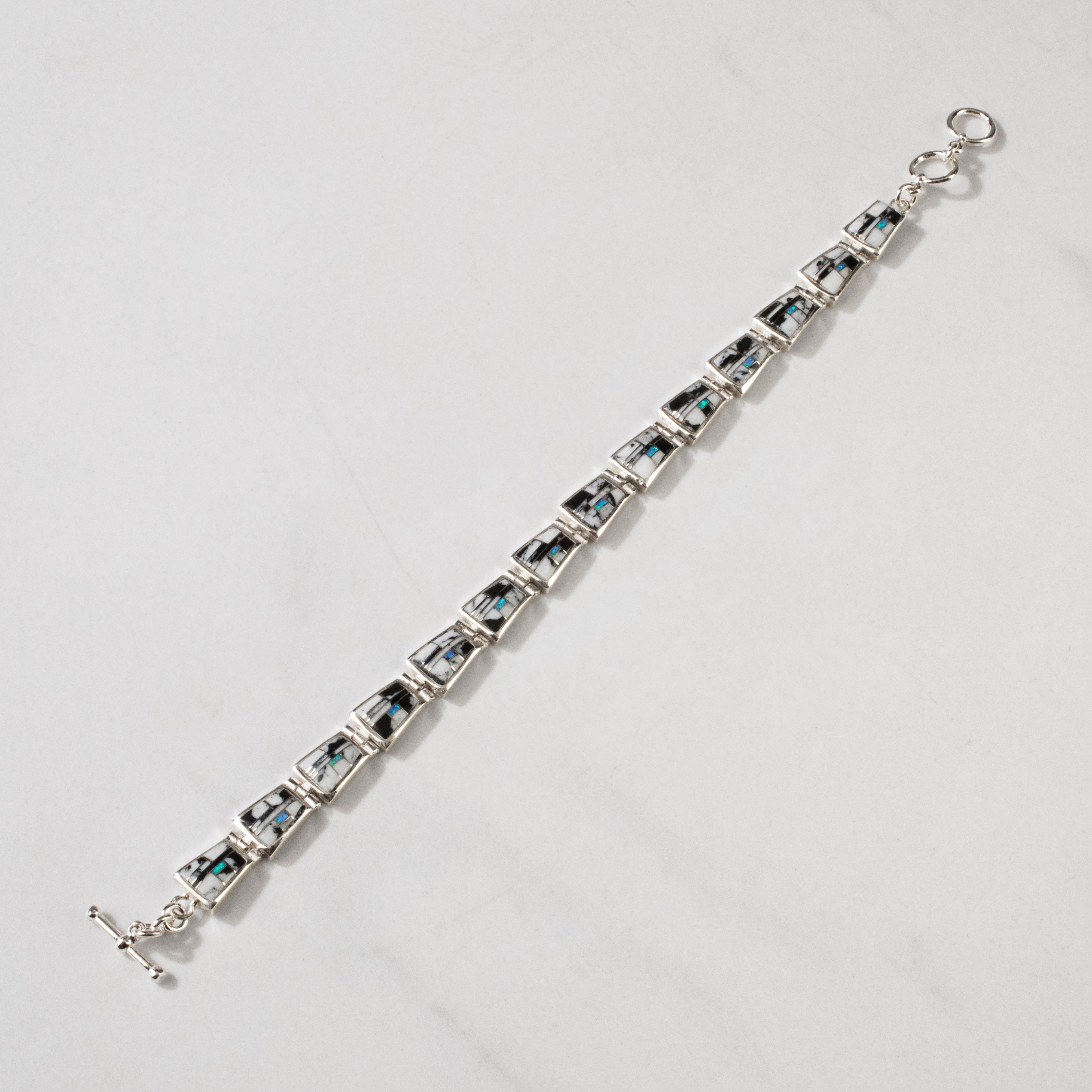 Kalifano Southwest Silver Jewelry White Buffalo 925 Sterling Silver USA Handmade Bracelet with Opal Accent NMB.0240.WB