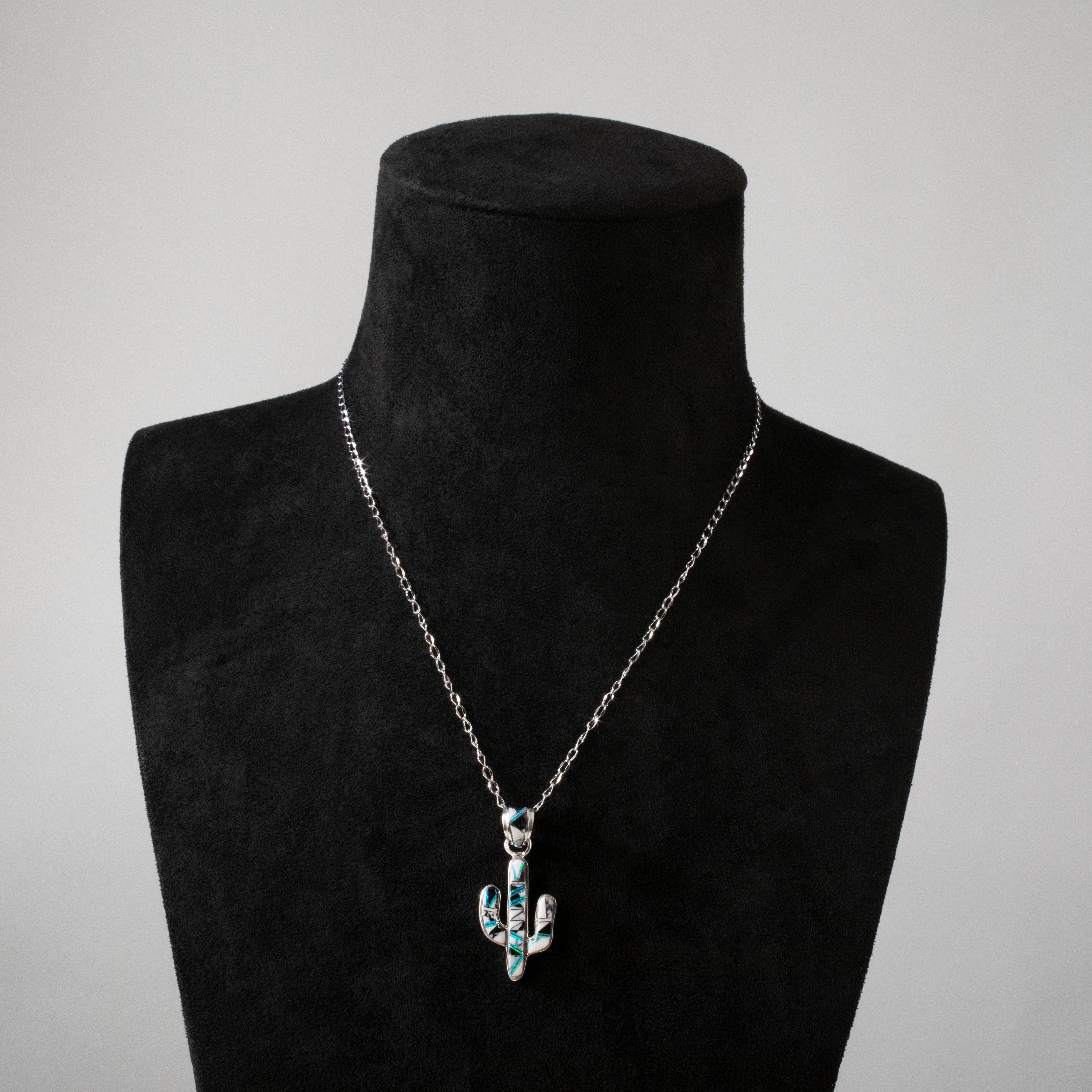 Kalifano Southwest Silver Jewelry White Buffalo Cactus 925 Sterling Silver Pendant USA Handmade with Opal Accent NMN.0602.WB