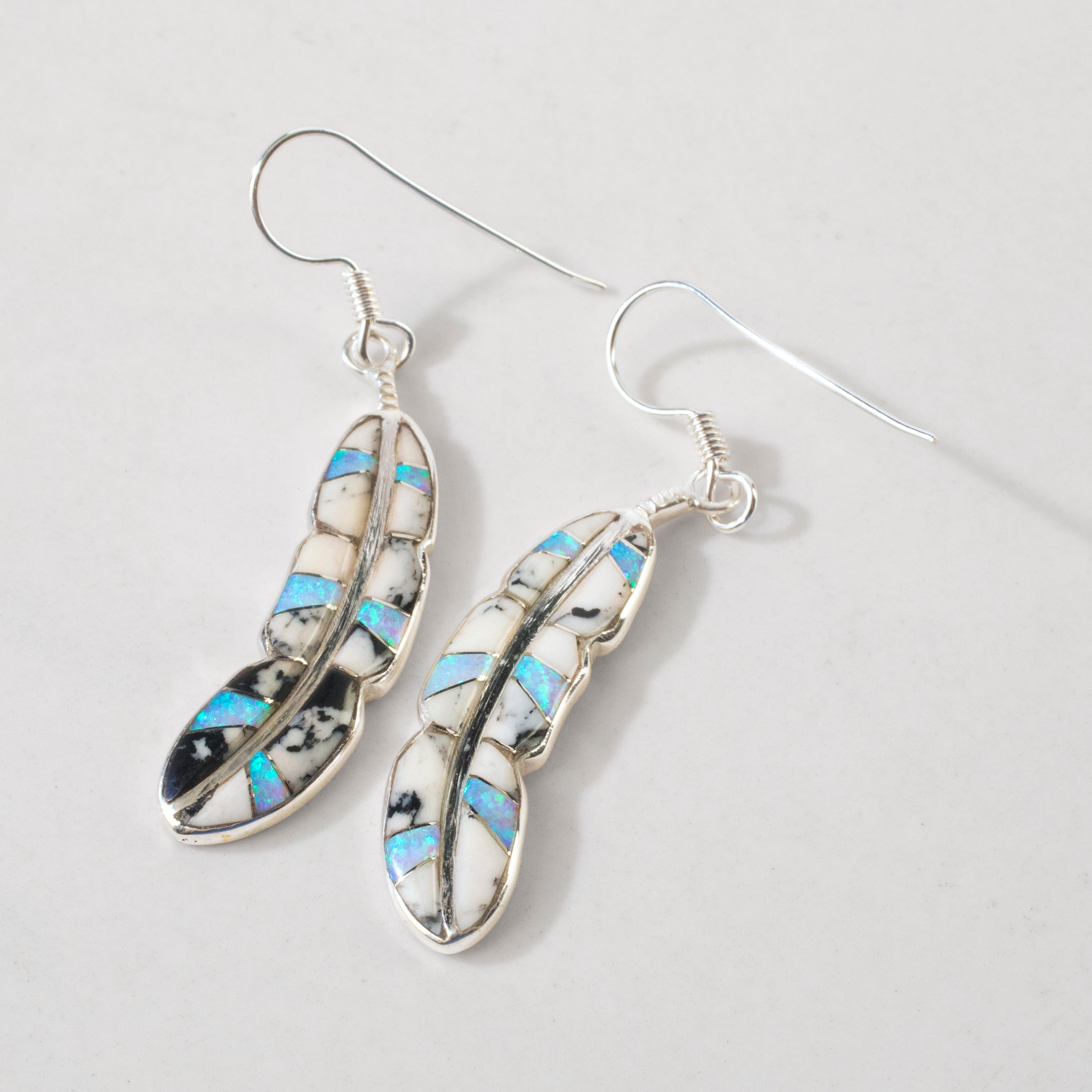 Kalifano Southwest Silver Jewelry White Buffalo Feather 925 Sterling Silver USA Handmade Earring with French Hook NME.2312.WB
