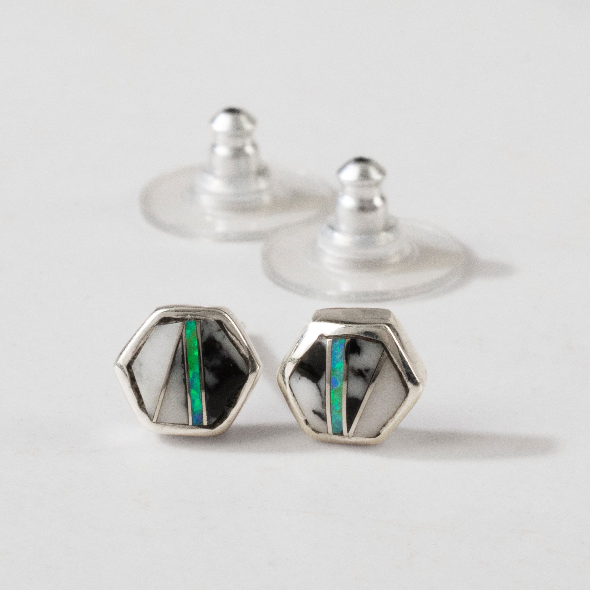 Kalifano Southwest Silver Jewelry White Buffalo Hexagon 925 Sterling Silver USA Handmade Earring with Stud Backing NME.0645.WB