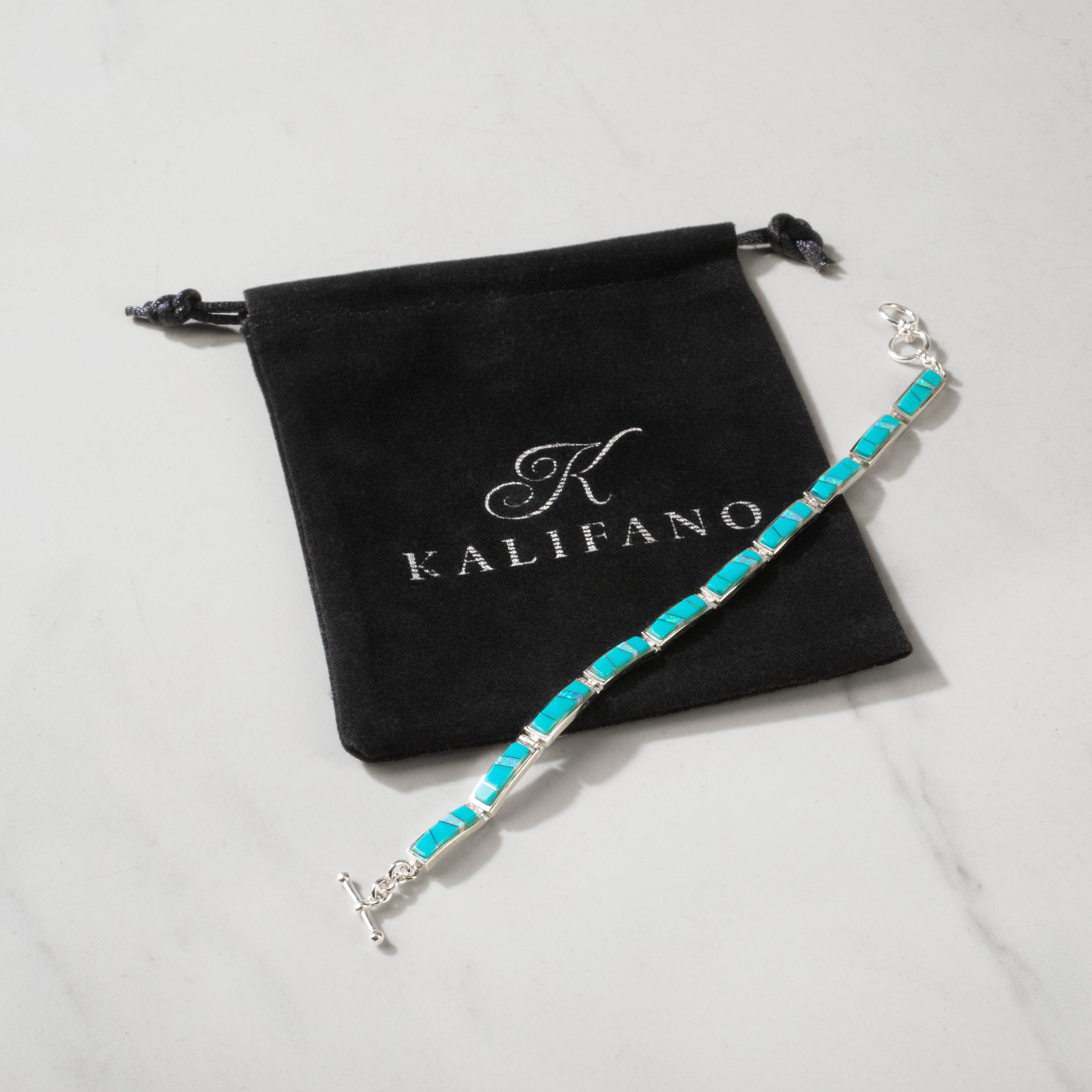 Kalifano Southwest Silver Jewelry White Buffalo Turquoise 925 Sterling Silver Bracelet USA Handmade with Opal Accent NMB.0207.WB