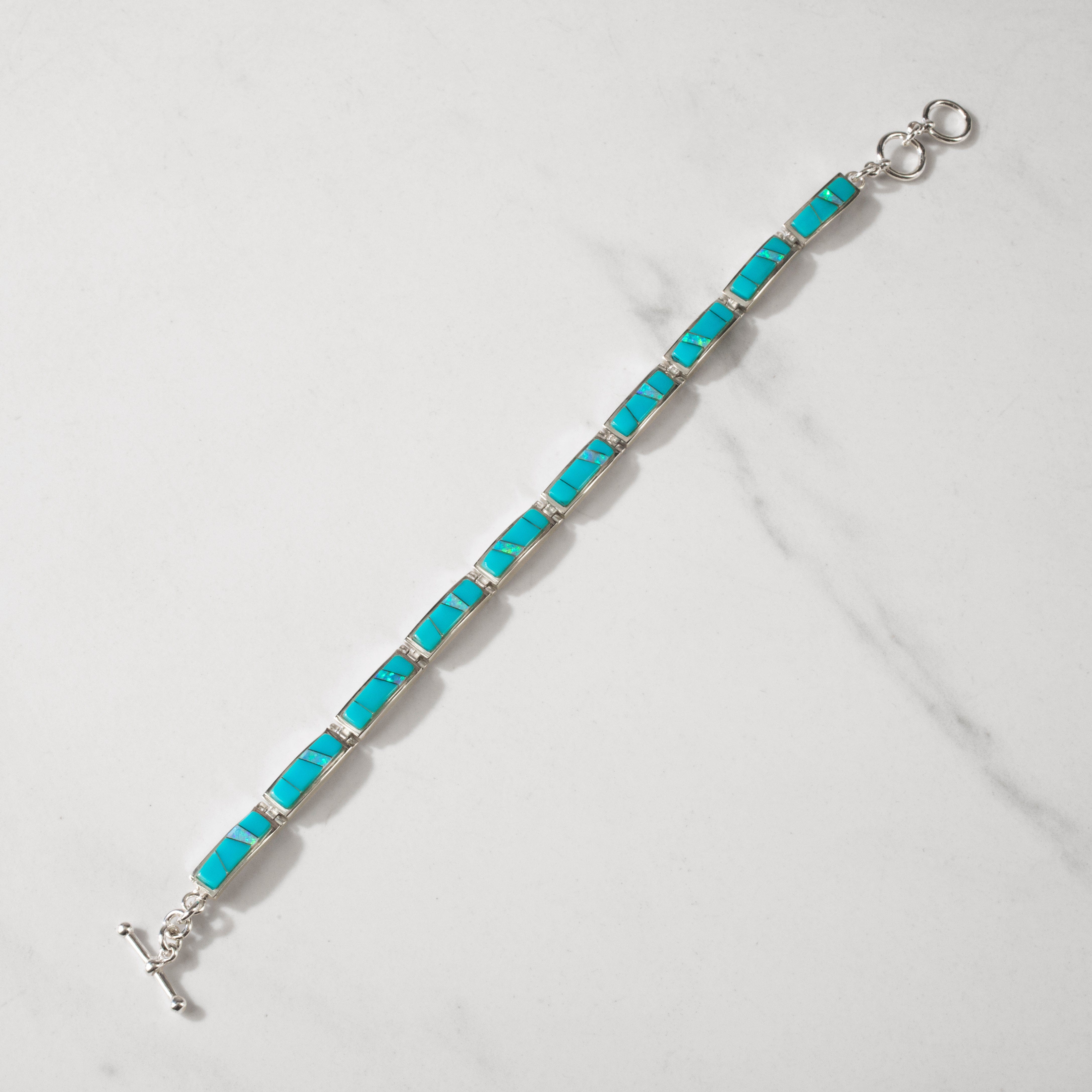 Kalifano Southwest Silver Jewelry White Buffalo Turquoise 925 Sterling Silver Bracelet USA Handmade with Opal Accent NMB.0207.WB
