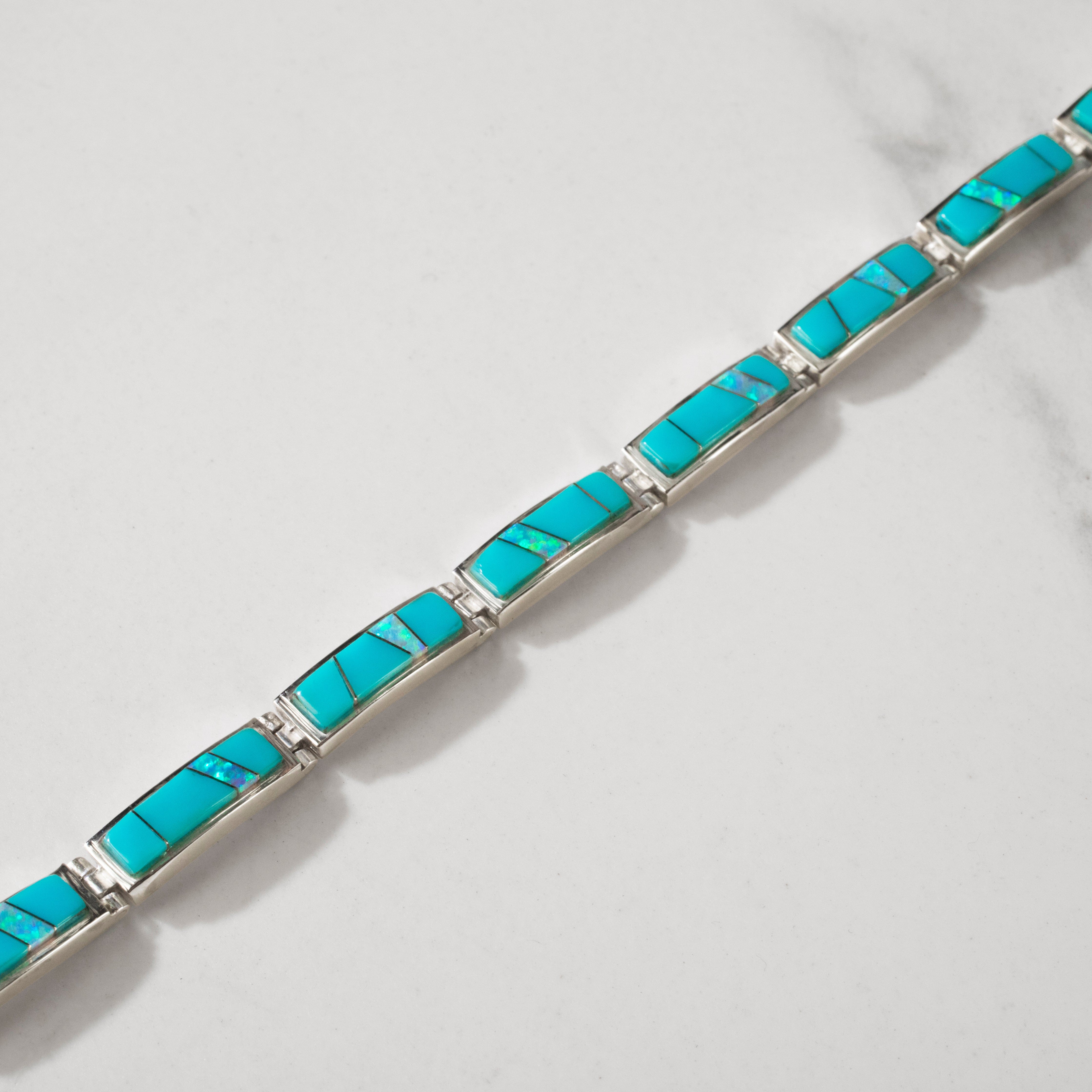 Kalifano Southwest Silver Jewelry White Buffalo Turquoise 925 Sterling Silver Bracelet USA Handmade with Opal Accent NMB.0207.WB