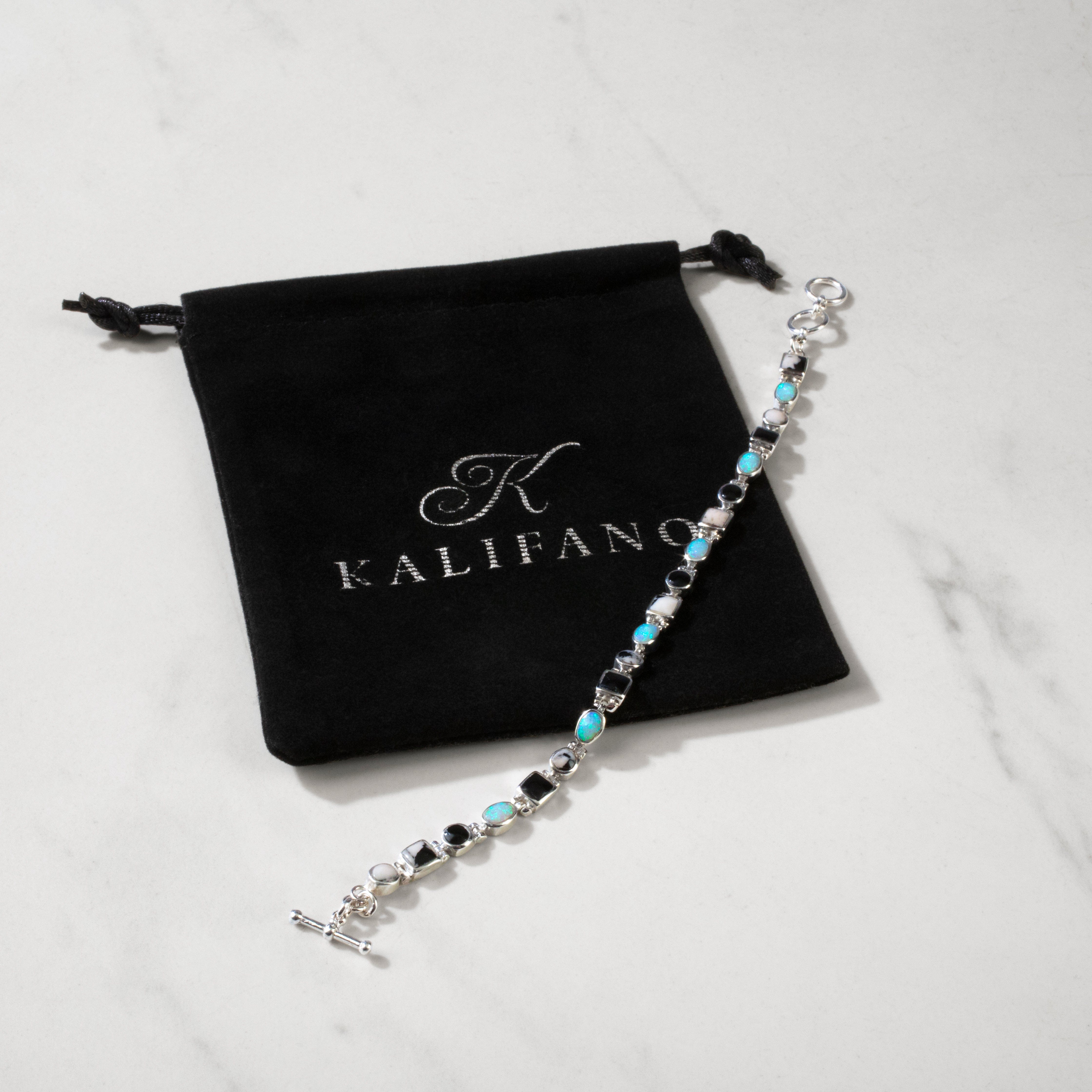 Kalifano Southwest Silver Jewelry White Buffalo Turquoise 925 Sterling Silver Bracelet USA Handmade with Opal Accent NMB.0548.WB