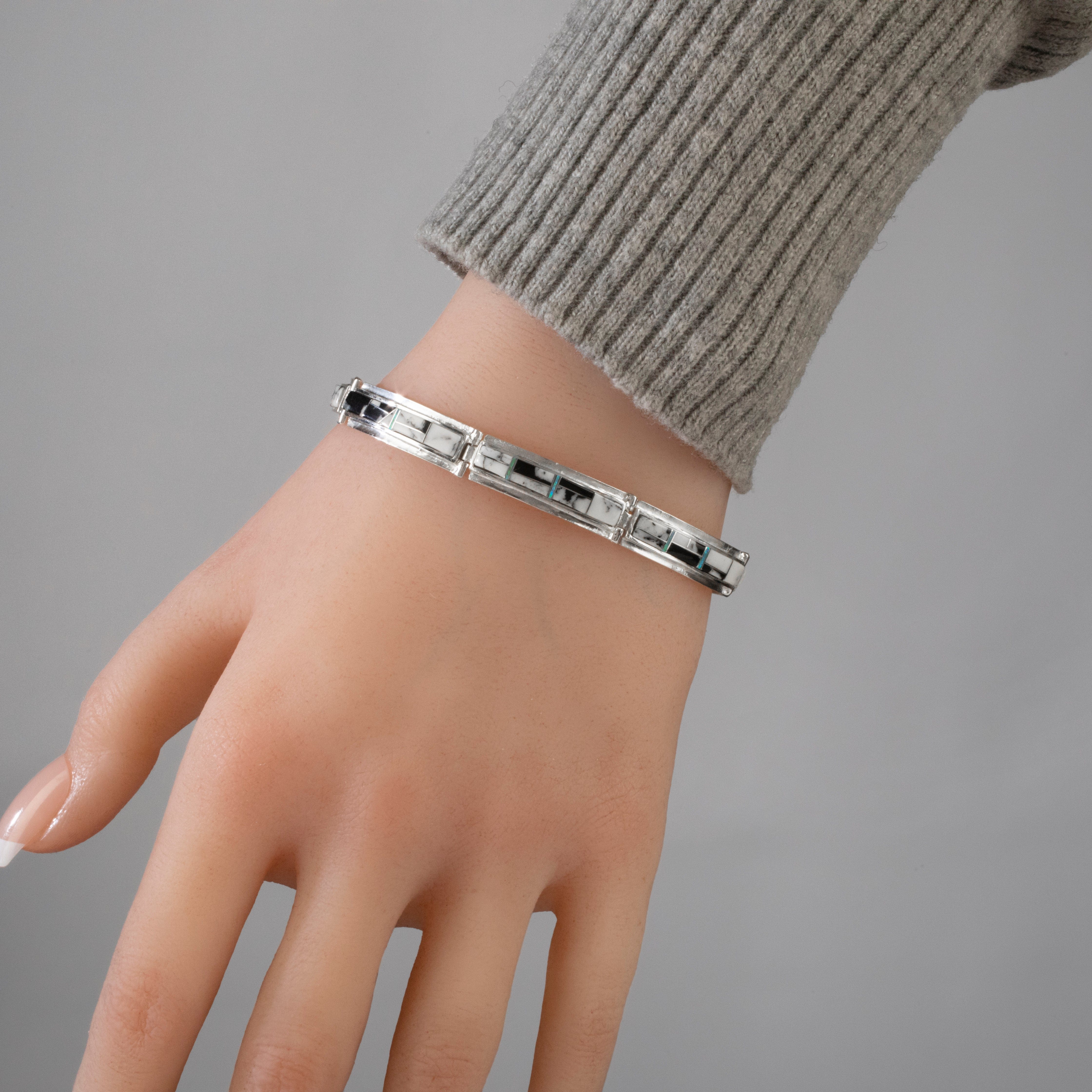 Kalifano Southwest Silver Jewelry White Buffalo Turquoise 925 Sterling Silver Bracelet USA Handmade with Opal Accent NMB.0556.WB