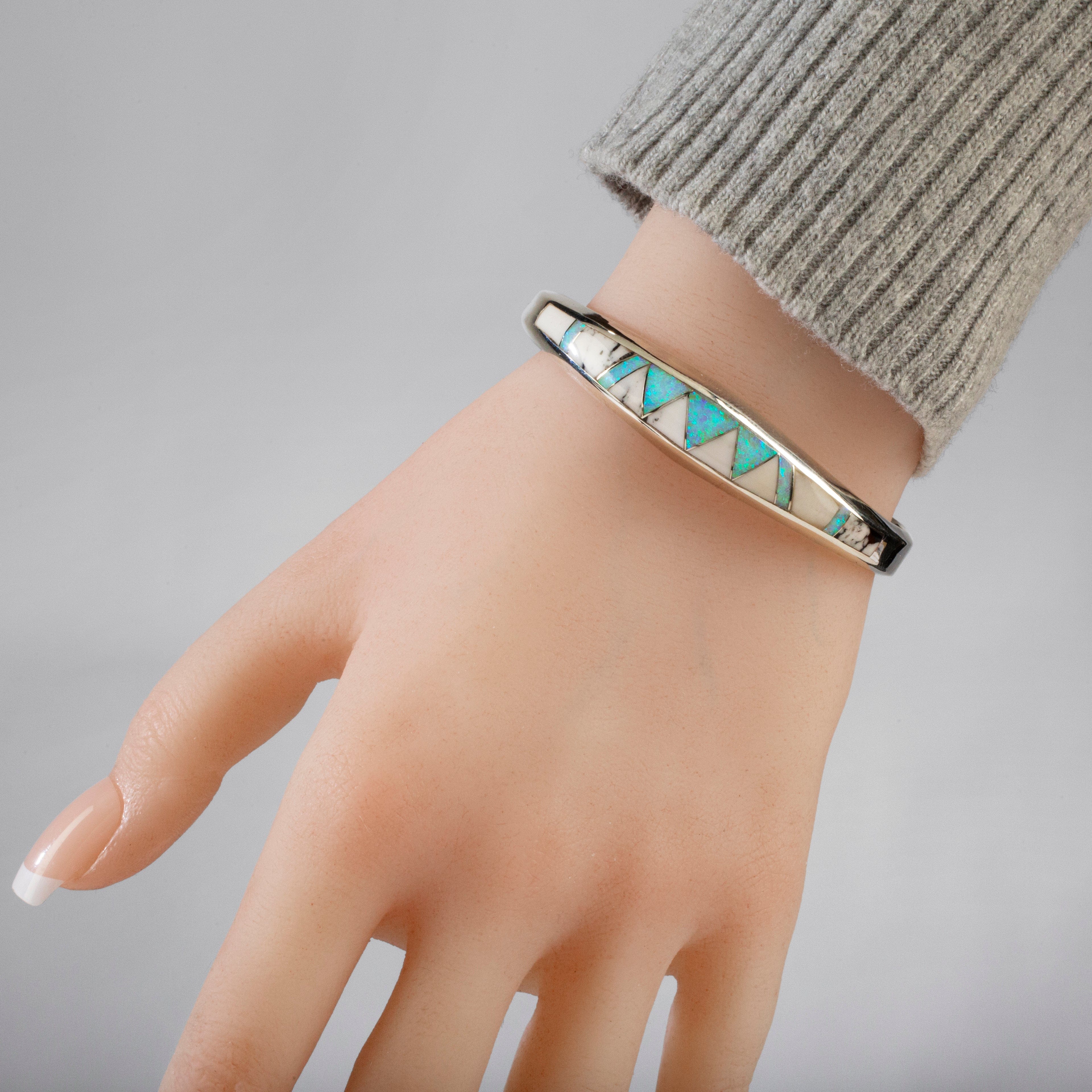 Kalifano Southwest Silver Jewelry White Buffalo Turquoise 925 Sterling Silver Bracelet USA Handmade with Opal Accent NMB.0758L.WB
