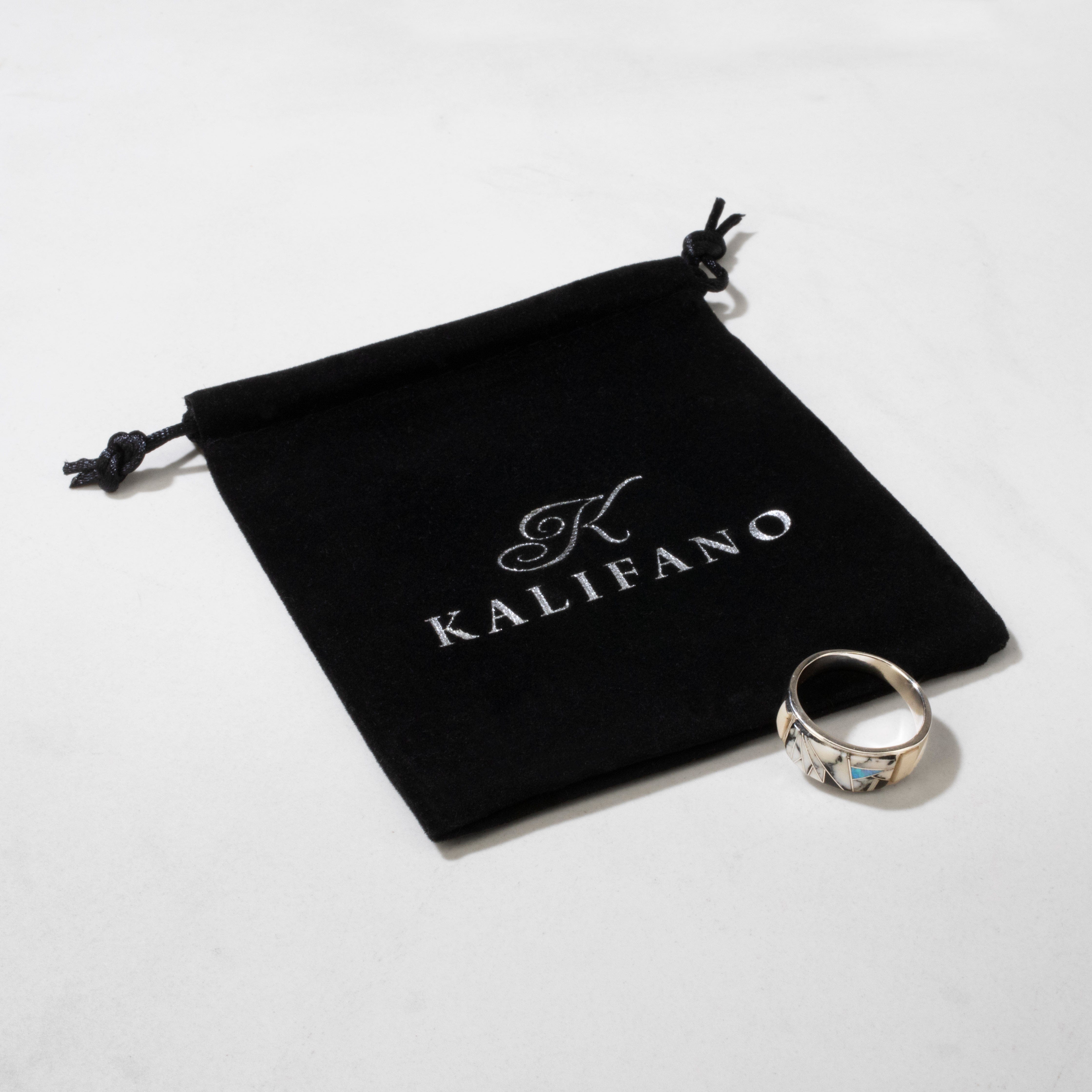 Kalifano Southwest Silver Jewelry White Buffalo Turquoise 925 Sterling Silver Ring USA Handmade with Laboratory Opal Accent